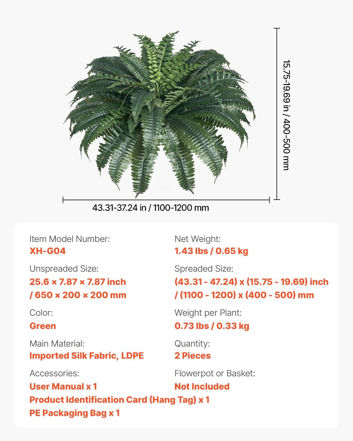 image:imageVEVOR Artificial Ferns 2 Pcs 47 Inch Large Artificial Boston Ferns Plants Faux Fern with 50 Branches Artificial Plants Large for OutdoorsIndoor Home OfficeGarden Flowerpot Unincluded2 Pcs
