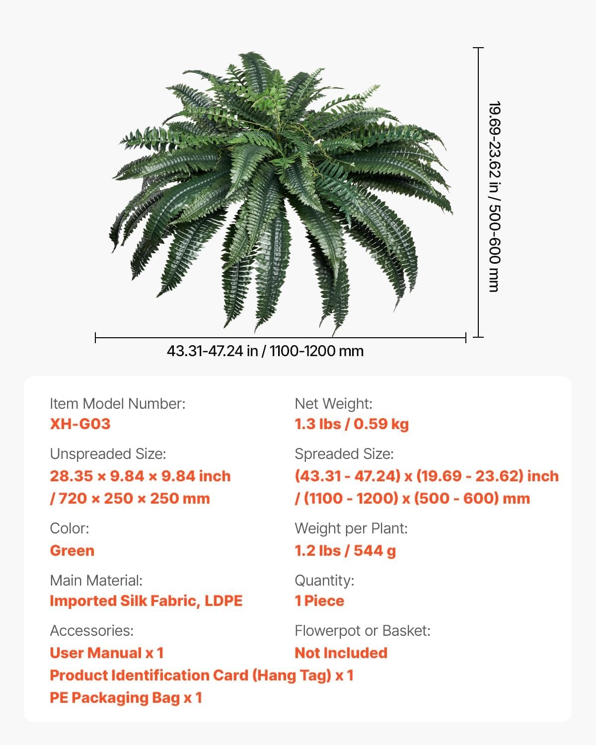 image:imageVEVOR Artificial Ferns 2 Pcs 47 Inch Large Artificial Boston Ferns Plants Faux Fern with 50 Branches Artificial Plants Large for OutdoorsIndoor Home OfficeGarden Flowerpot Unincluded1 Pcs