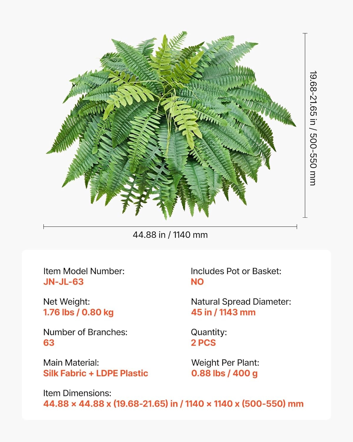 image:imageVEVOR Artificial Ferns 2 Pcs 47 Inch Large Artificial Boston Ferns Plants Faux Fern with 50 Branches Artificial Plants Large for OutdoorsIndoor Home OfficeGarden Flowerpot Unincluded2 Pcs