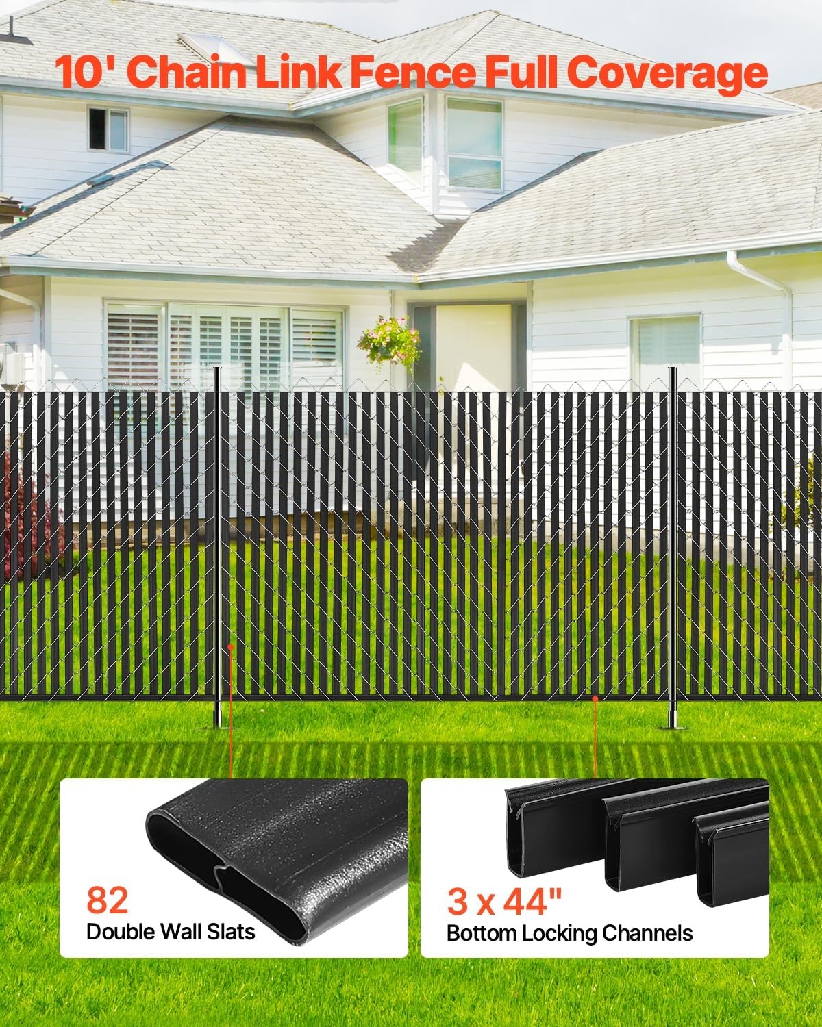 image:imageVEVOR Bottom Locking Privacy Slats DoubleWall Vertical BottomLocking Slats with Wings for ChainLink Fence HighDensity HDPE Chain Link Slats Ideally Fit 6 High Fence for Garden and FarmBlackDoubleWall