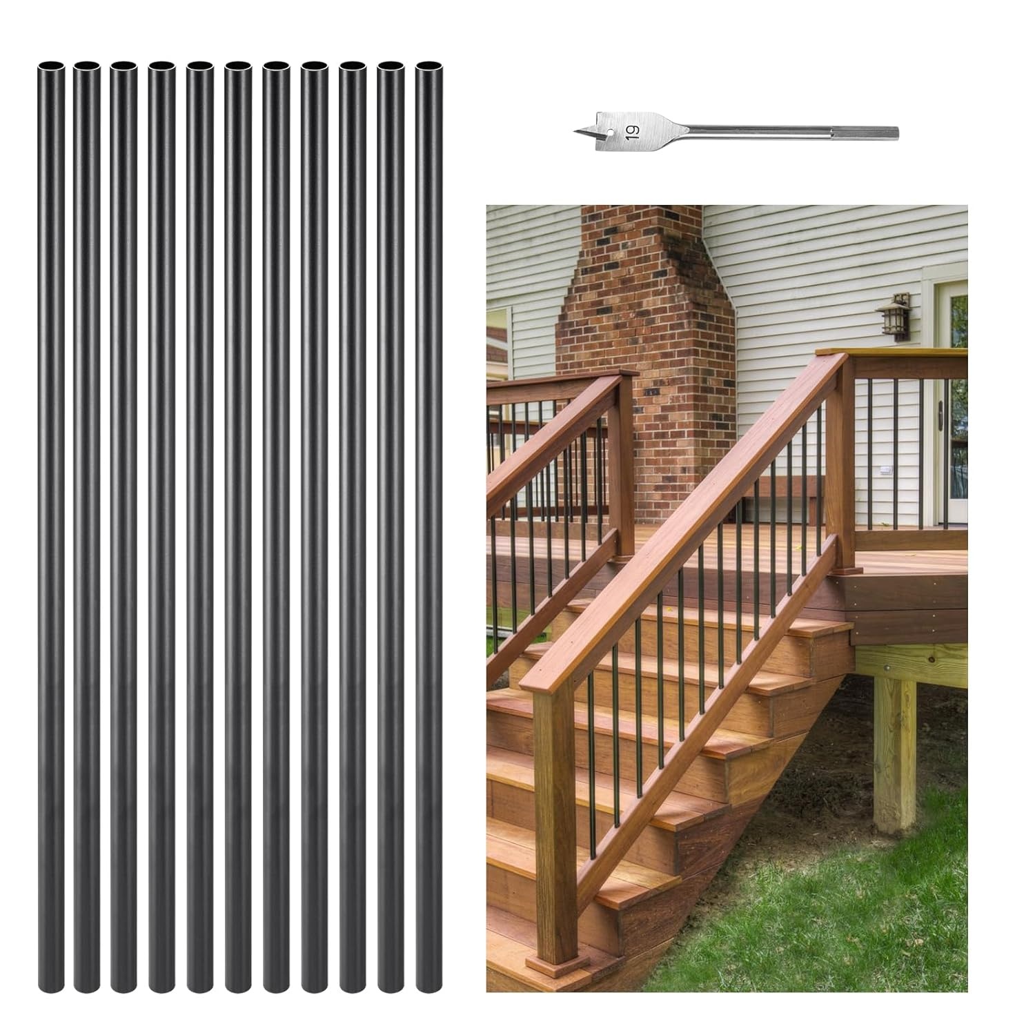 image:imageVEVOR Deck Balusters 51 Pack 26 in Aluminum Stair Balusters 34 in RainwaterProof Round Metal Spindle Railing Durable Hollow Deck Railing with 19 Drill Bit for Stairs Porch Patio Black36 Inch51 Pack