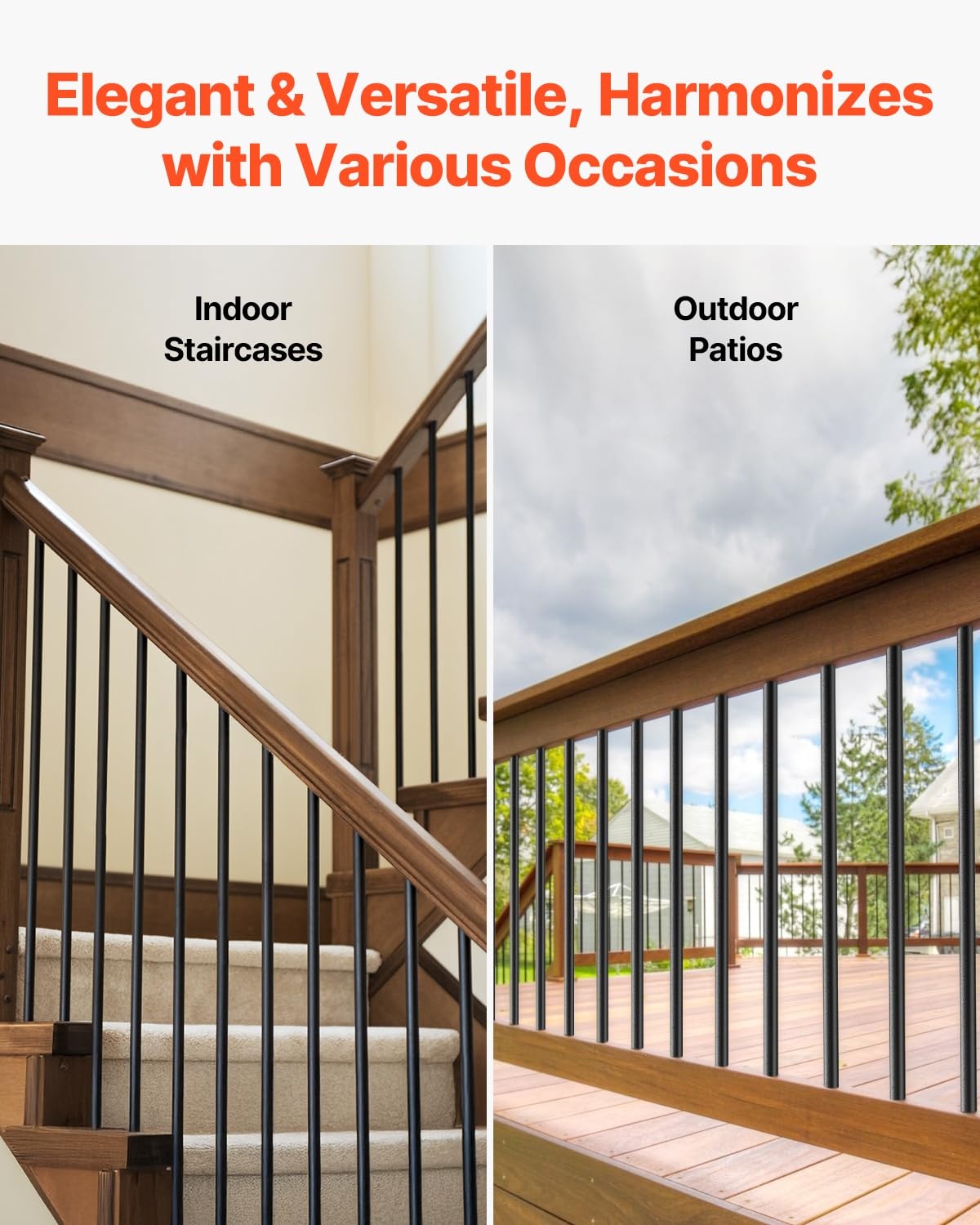 image:imageVEVOR Deck Balusters 51 Pack 26 in Aluminum Stair Balusters 34 in RainwaterProof Round Metal Spindle Railing Durable Hollow Deck Railing with 19 Drill Bit for Stairs Porch Patio Black36 Inch51 Pack
