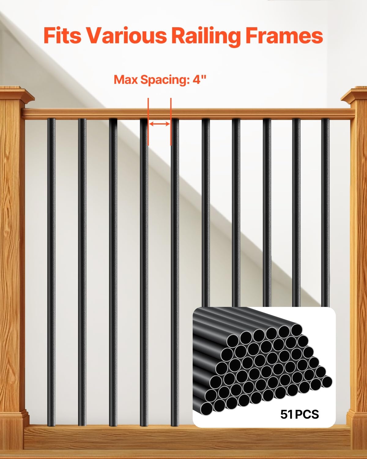 image:imageVEVOR Deck Balusters 51 Pack 26 in Aluminum Stair Balusters 34 in RainwaterProof Round Metal Spindle Railing Durable Hollow Deck Railing with 19 Drill Bit for Stairs Porch Patio Black36 Inch51 Pack