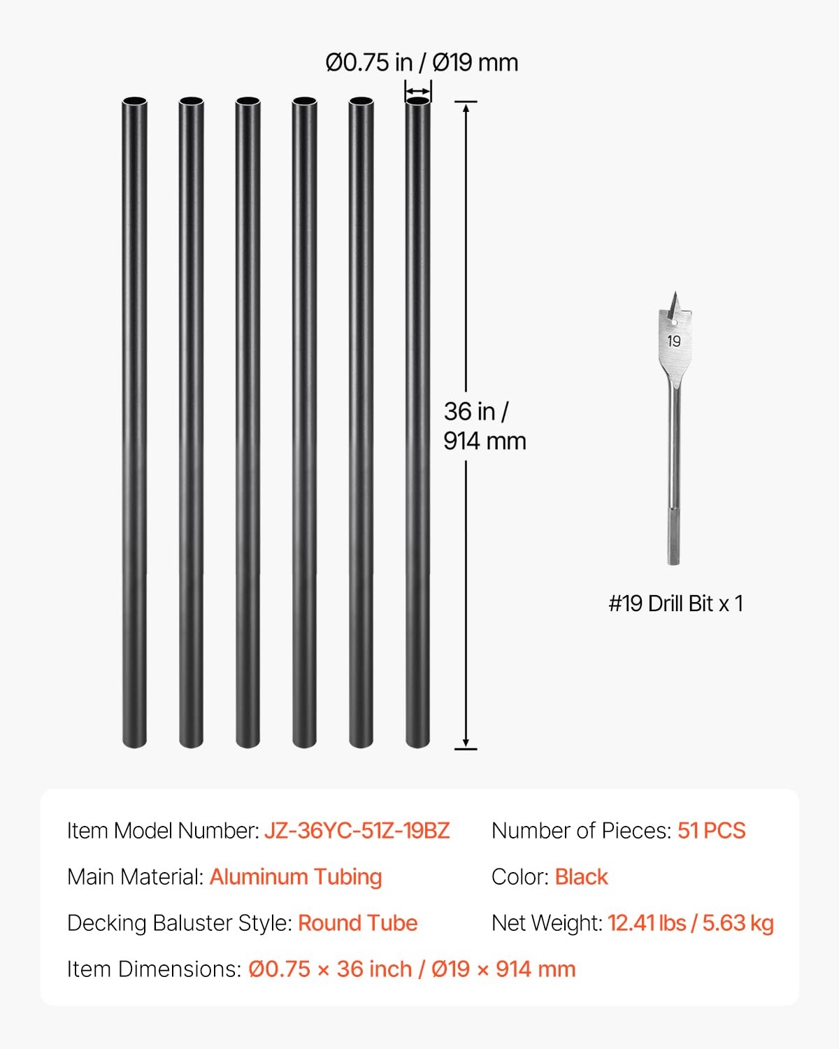 image:imageVEVOR Deck Balusters 51 Pack 26 in Aluminum Stair Balusters 34 in RainwaterProof Round Metal Spindle Railing Durable Hollow Deck Railing with 19 Drill Bit for Stairs Porch Patio Black36 Inch51 Pack