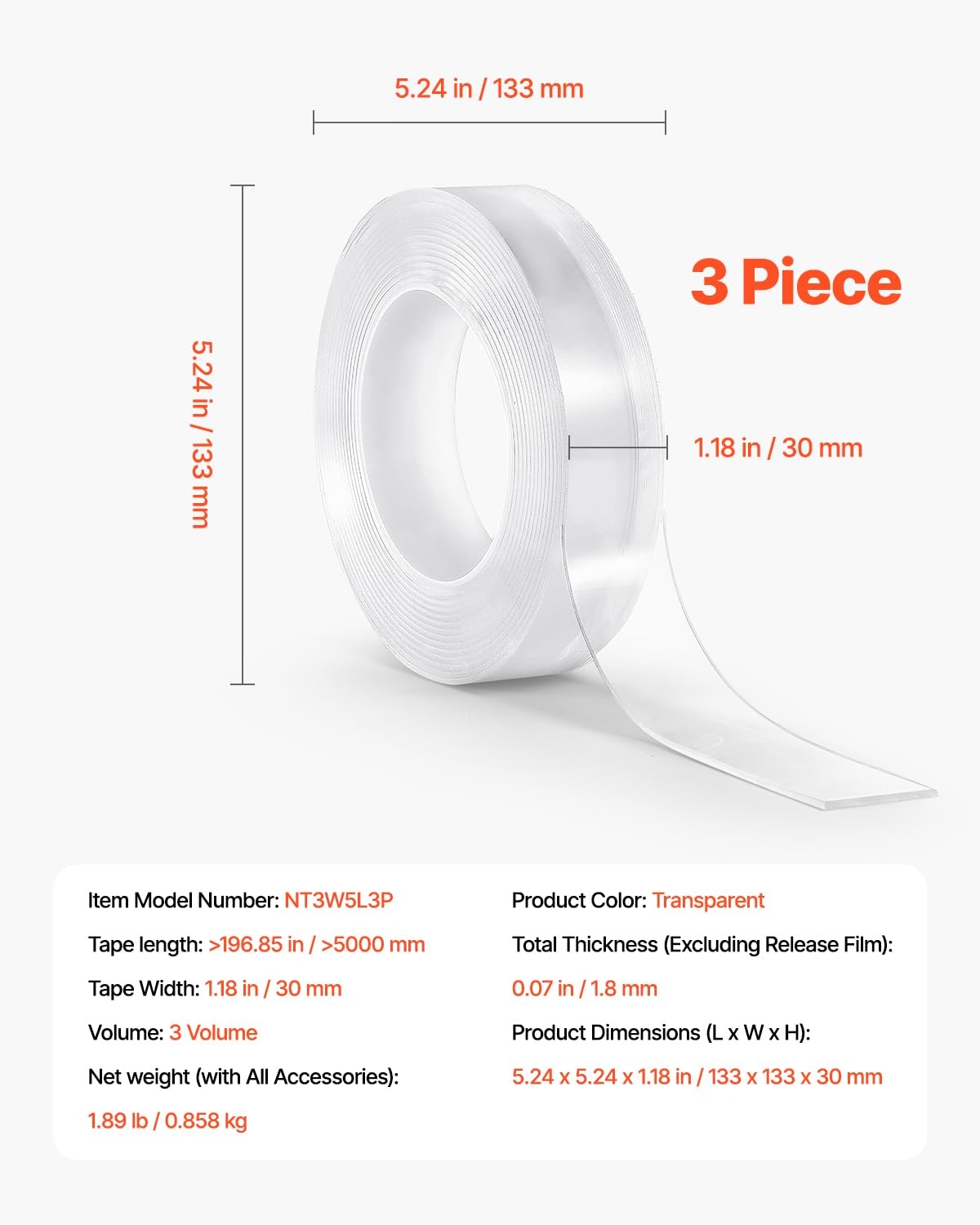 image:imageVEVOR Double Sided Tape Heavy Duty 16 ft Long Nano Mounting Tape Strong Adhesive amp Reusable Clear Two Sided Wall Tape Removable Poster Picture Hanging Strips for Home Office Car Outdoor Use3 Packs