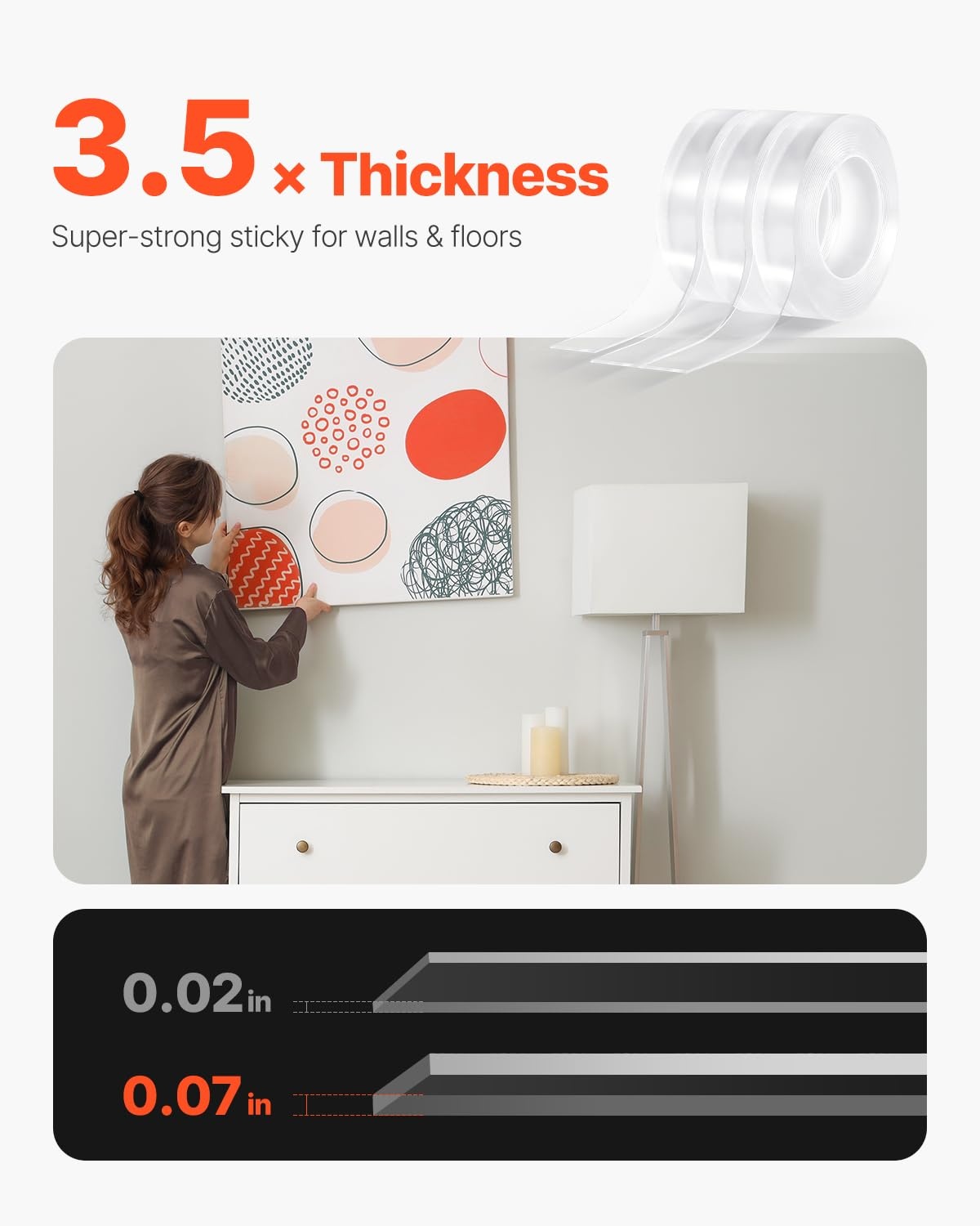 image:imageVEVOR Double Sided Tape Heavy Duty 16 ft Long Nano Mounting Tape Strong Adhesive amp Reusable Clear Two Sided Wall Tape Removable Poster Picture Hanging Strips for Home Office Car Outdoor Use3 Packs