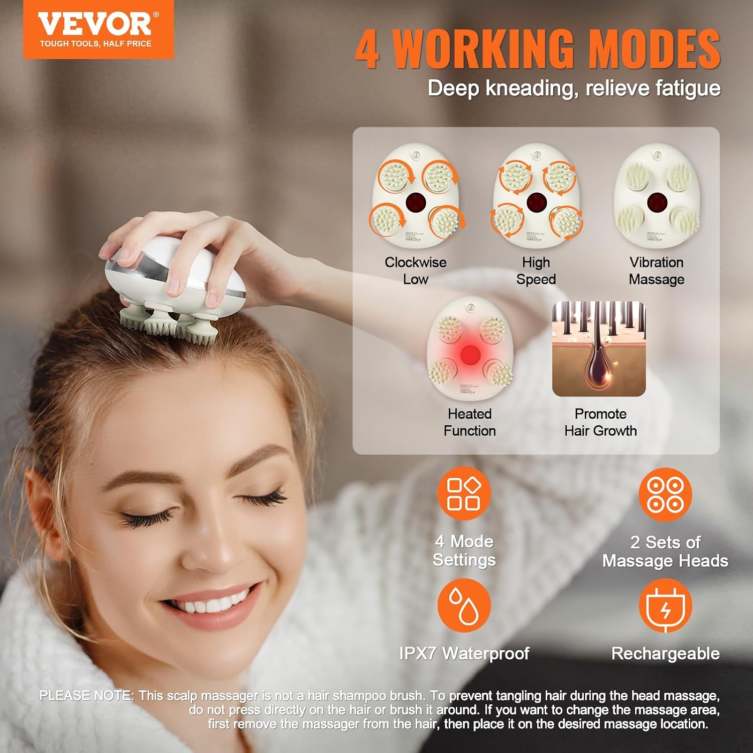 image:imageVEVOR Electric Scalp Massager Rechargeable Head Massager Hair Growth IPX7 Waterproof Portable Kneading Scalp Scratcher with 8 Removable Massage Head for Stress Relief Deep Clean Gift for MomDadwith Heat Function