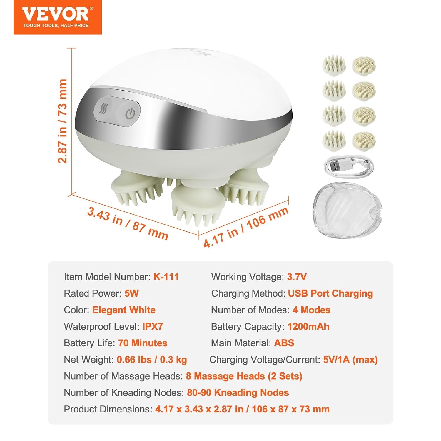 image:imageVEVOR Electric Scalp Massager Rechargeable Head Massager Hair Growth IPX7 Waterproof Portable Kneading Scalp Scratcher with 8 Removable Massage Head for Stress Relief Deep Clean Gift for MomDadwith Heat Function