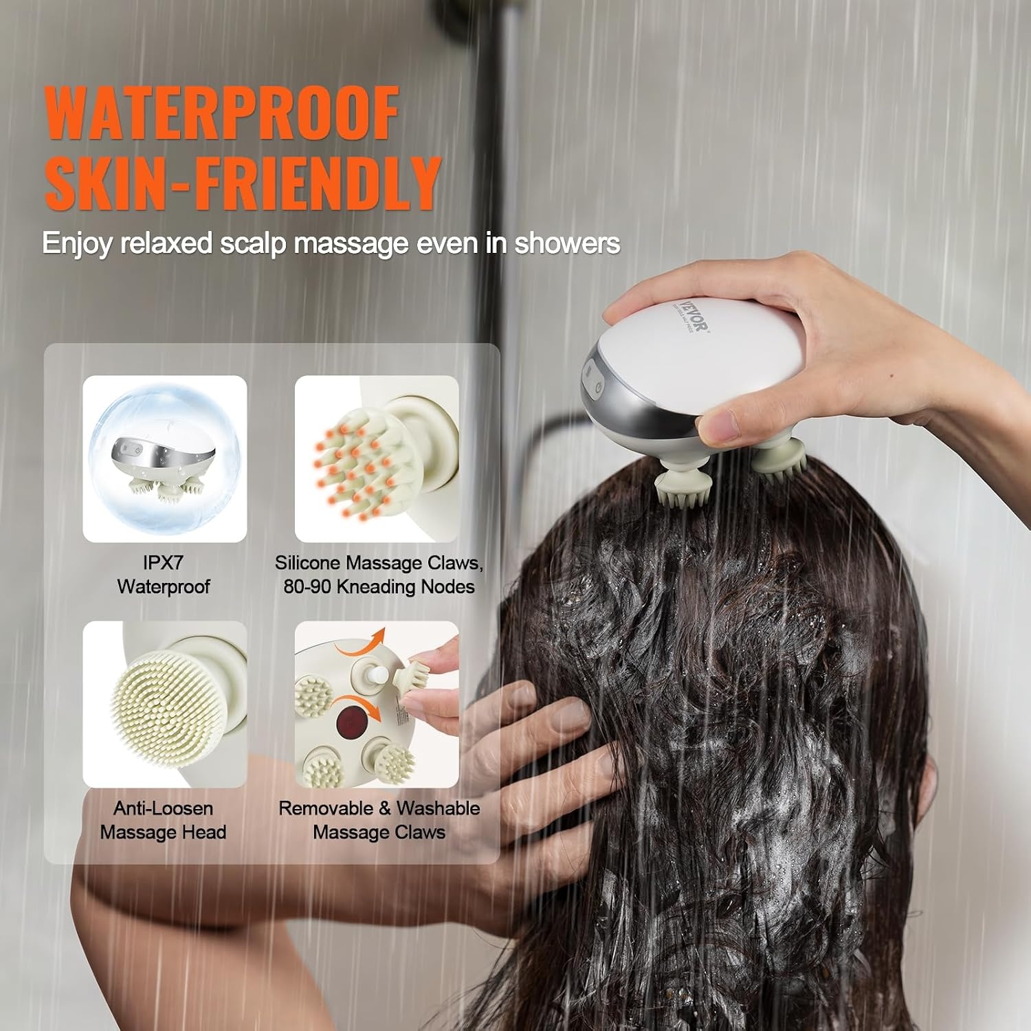 image:imageVEVOR Electric Scalp Massager Rechargeable Head Massager Hair Growth IPX7 Waterproof Portable Kneading Scalp Scratcher with 8 Removable Massage Head for Stress Relief Deep Clean Gift for MomDadwith Heat Function