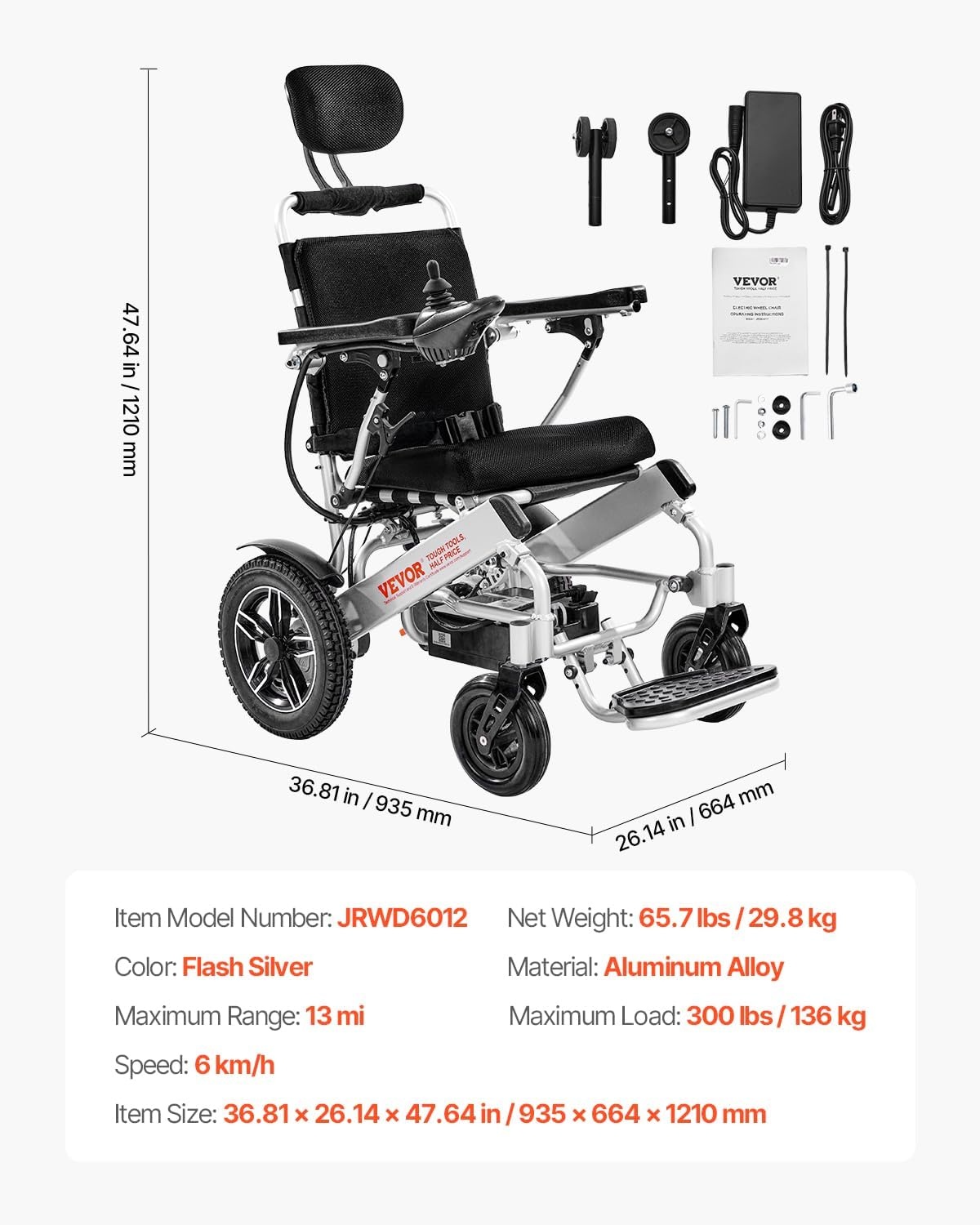 image:imageVEVOR Electric Wheelchair for Adults 300 lbs Capacity amp 21 Seat Foldable Lightweight Motorized Chair 13Mile Long Range AllTerrain Power Portable for Seniors Mobility21 lnch Reclining Seat