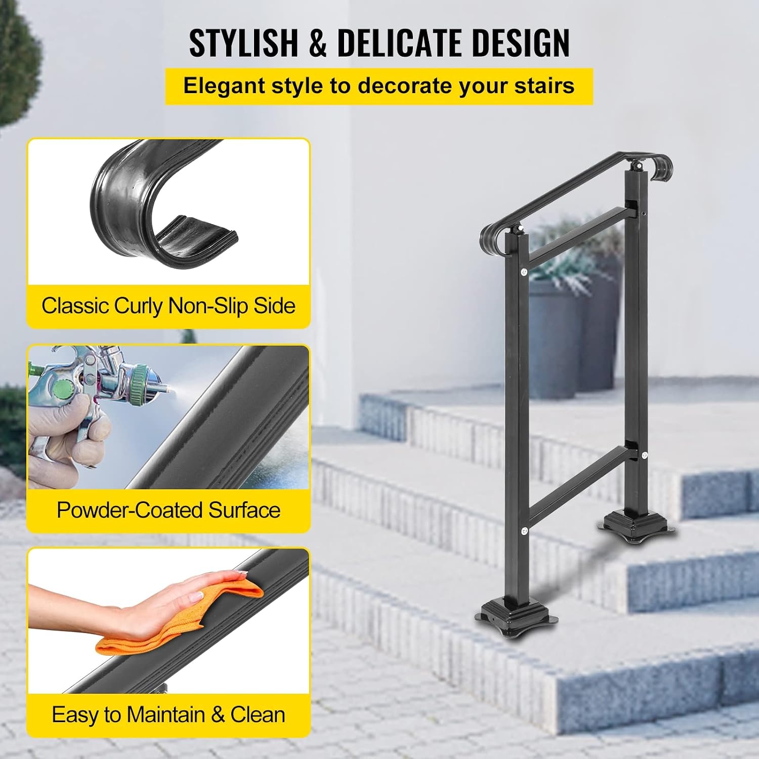 image:imageVEVOR Handrail for Outdoor Steps 23 Steps Outdoor Handrail Adjustable Stainless Steel Staircase Handrail Thickened Stair Railings for Porch Railing Deck HandrailStyle5 Porch