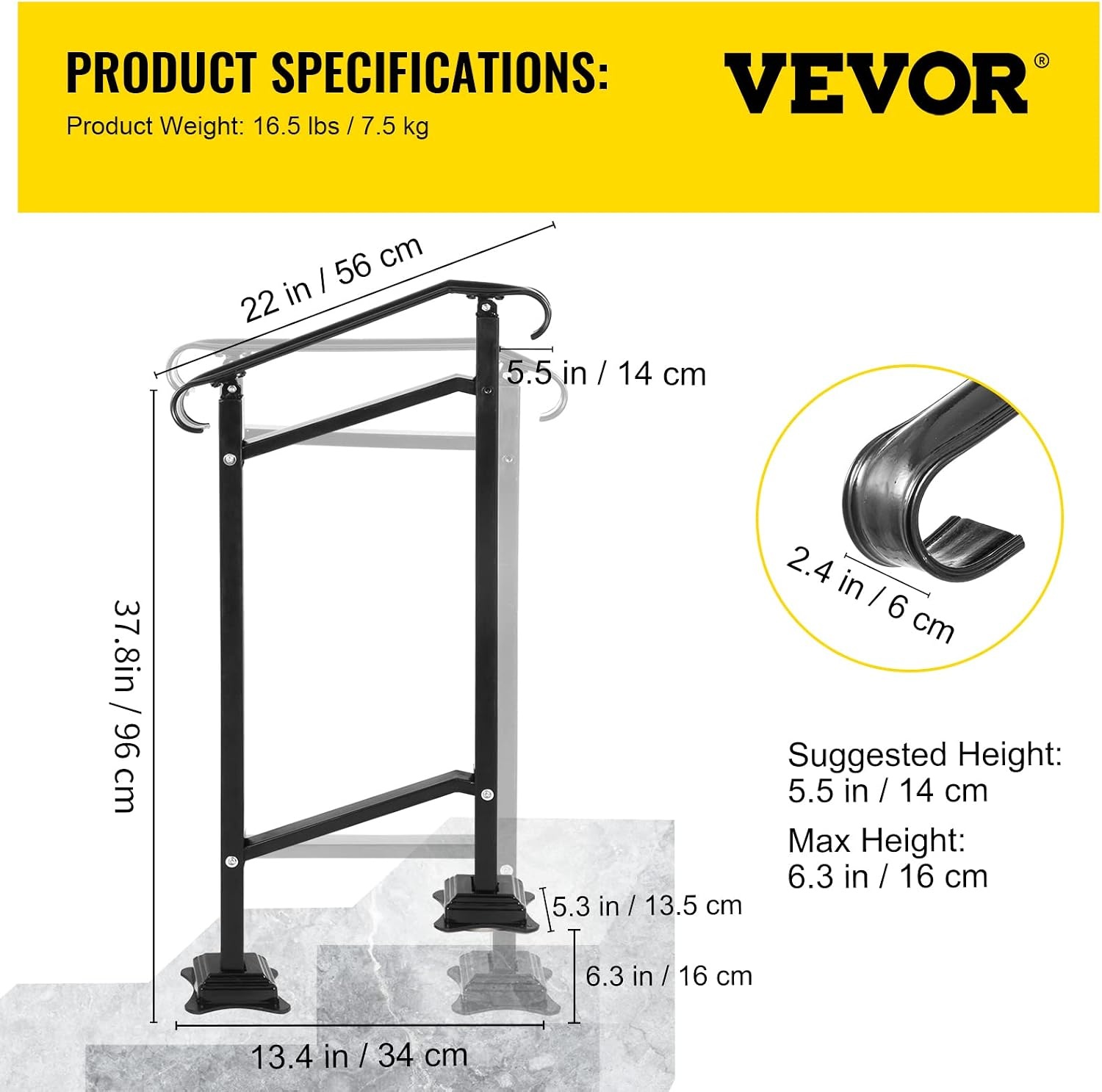 image:imageVEVOR Handrail for Outdoor Steps 23 Steps Outdoor Handrail Adjustable Stainless Steel Staircase Handrail Thickened Stair Railings for Porch Railing Deck HandrailStyle5 Porch