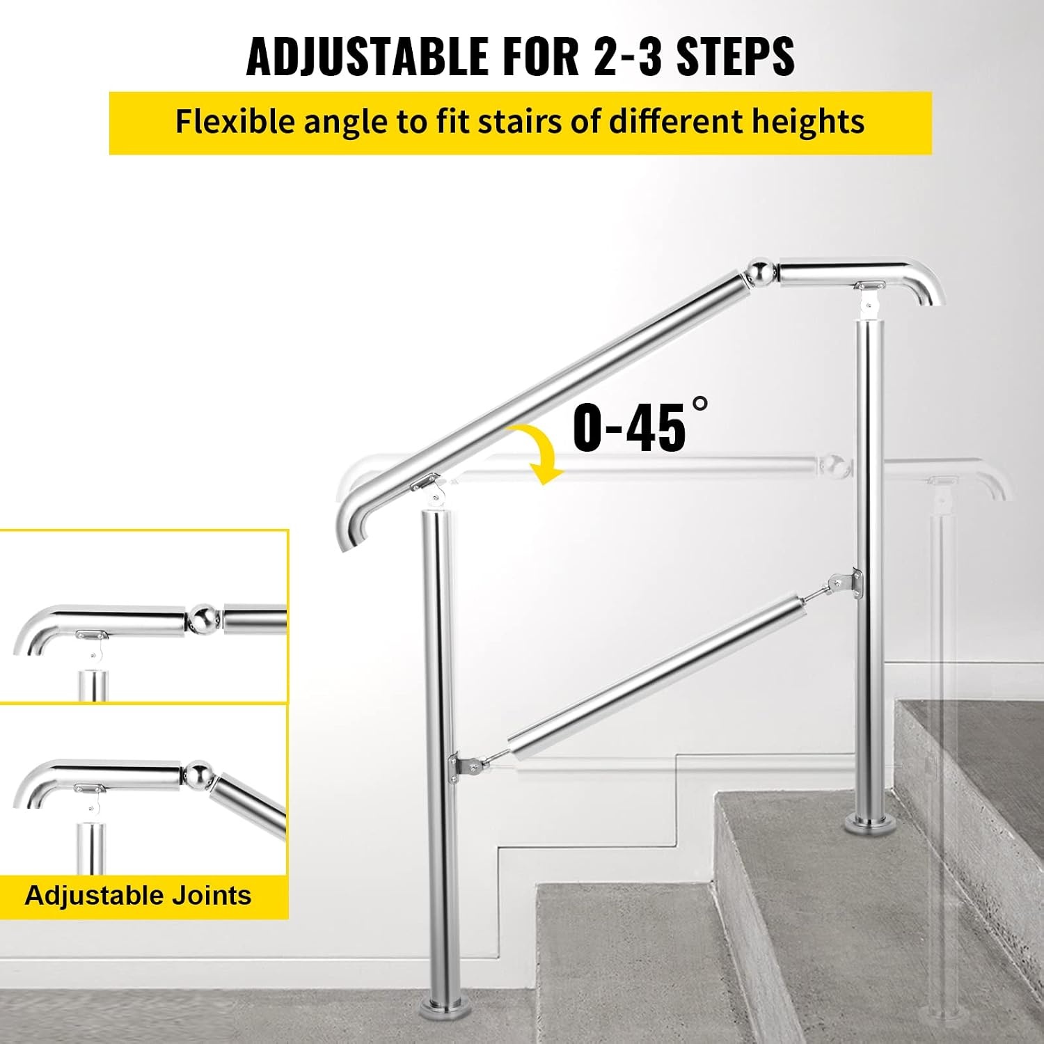 image:imageVEVOR Handrail for Outdoor Steps 23 Steps Outdoor Handrail Adjustable Stainless Steel Staircase Handrail Thickened Stair Railings for Porch Railing Deck HandrailStyle4 Stainless Steel