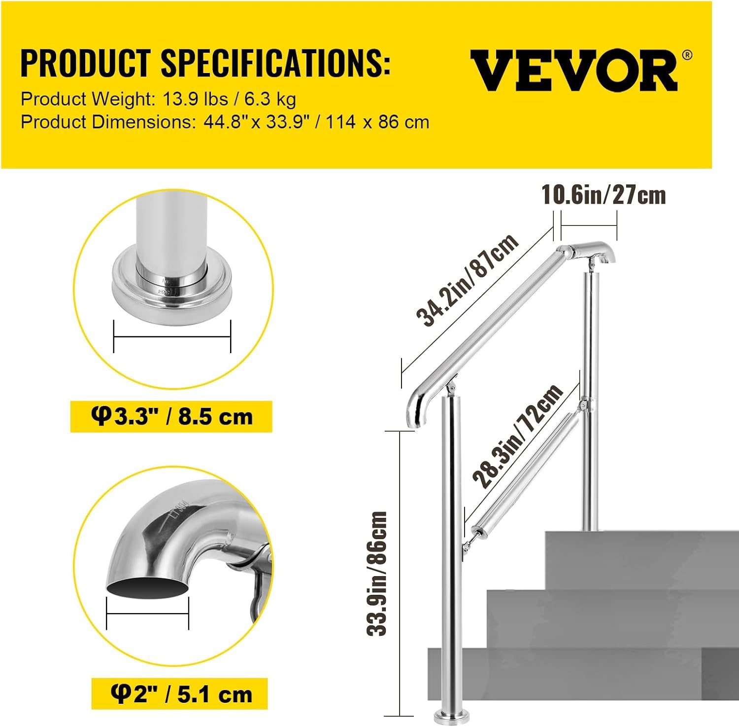 image:imageVEVOR Handrail for Outdoor Steps 23 Steps Outdoor Handrail Adjustable Stainless Steel Staircase Handrail Thickened Stair Railings for Porch Railing Deck HandrailStyle4 Stainless Steel