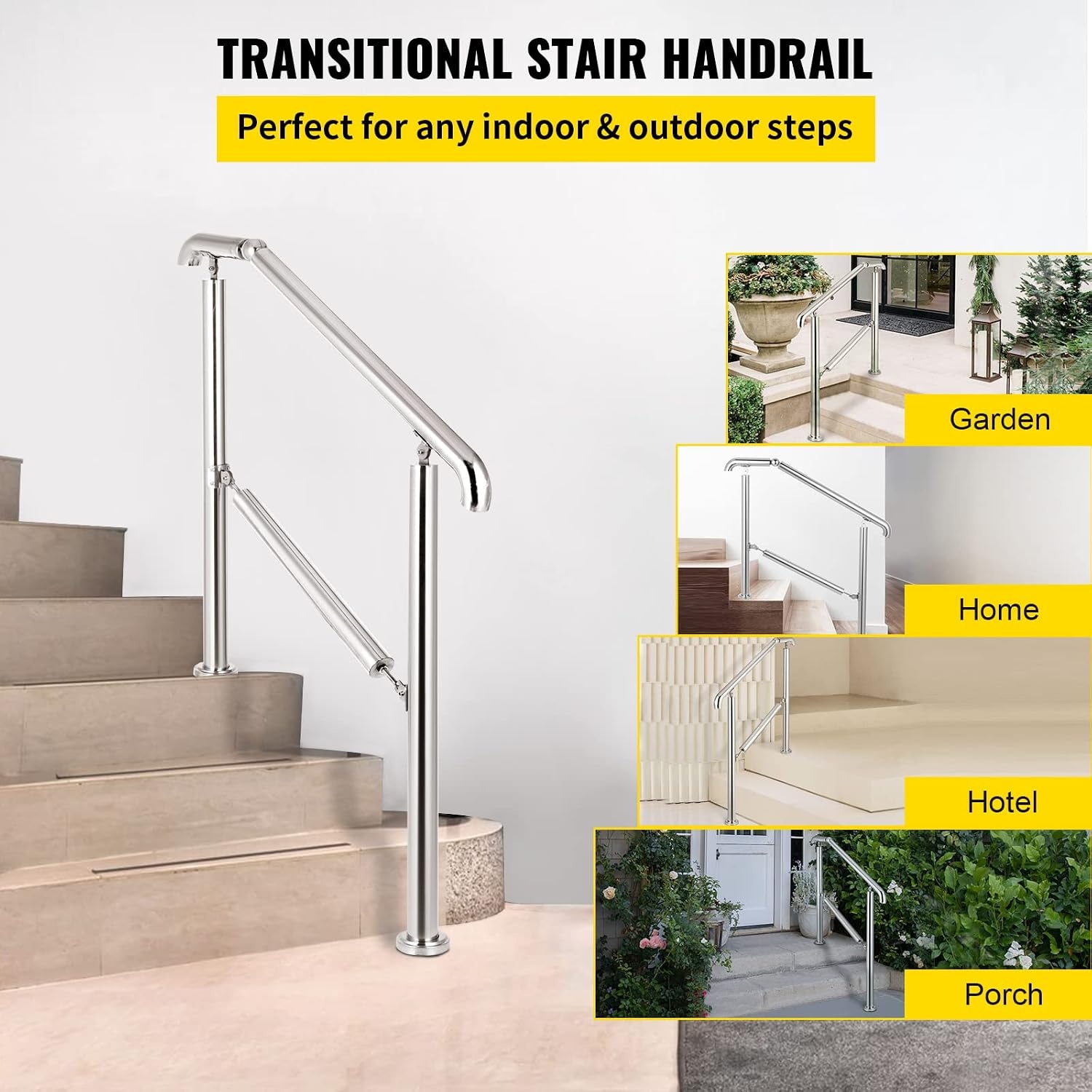 image:imageVEVOR Handrail for Outdoor Steps 23 Steps Outdoor Handrail Adjustable Stainless Steel Staircase Handrail Thickened Stair Railings for Porch Railing Deck HandrailStyle4 Stainless Steel