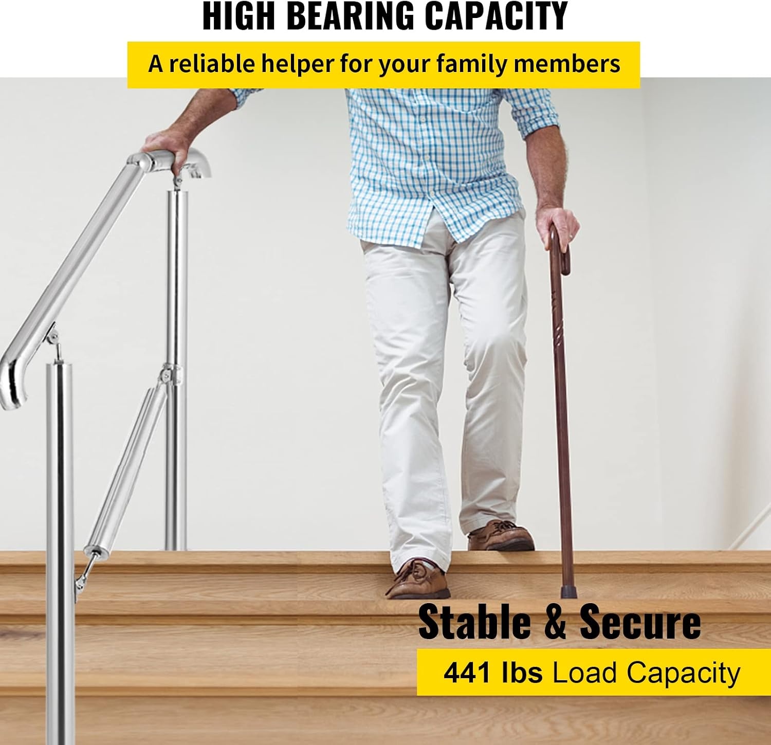 image:imageVEVOR Handrail for Outdoor Steps 23 Steps Outdoor Handrail Adjustable Stainless Steel Staircase Handrail Thickened Stair Railings for Porch Railing Deck HandrailStyle4 Stainless Steel