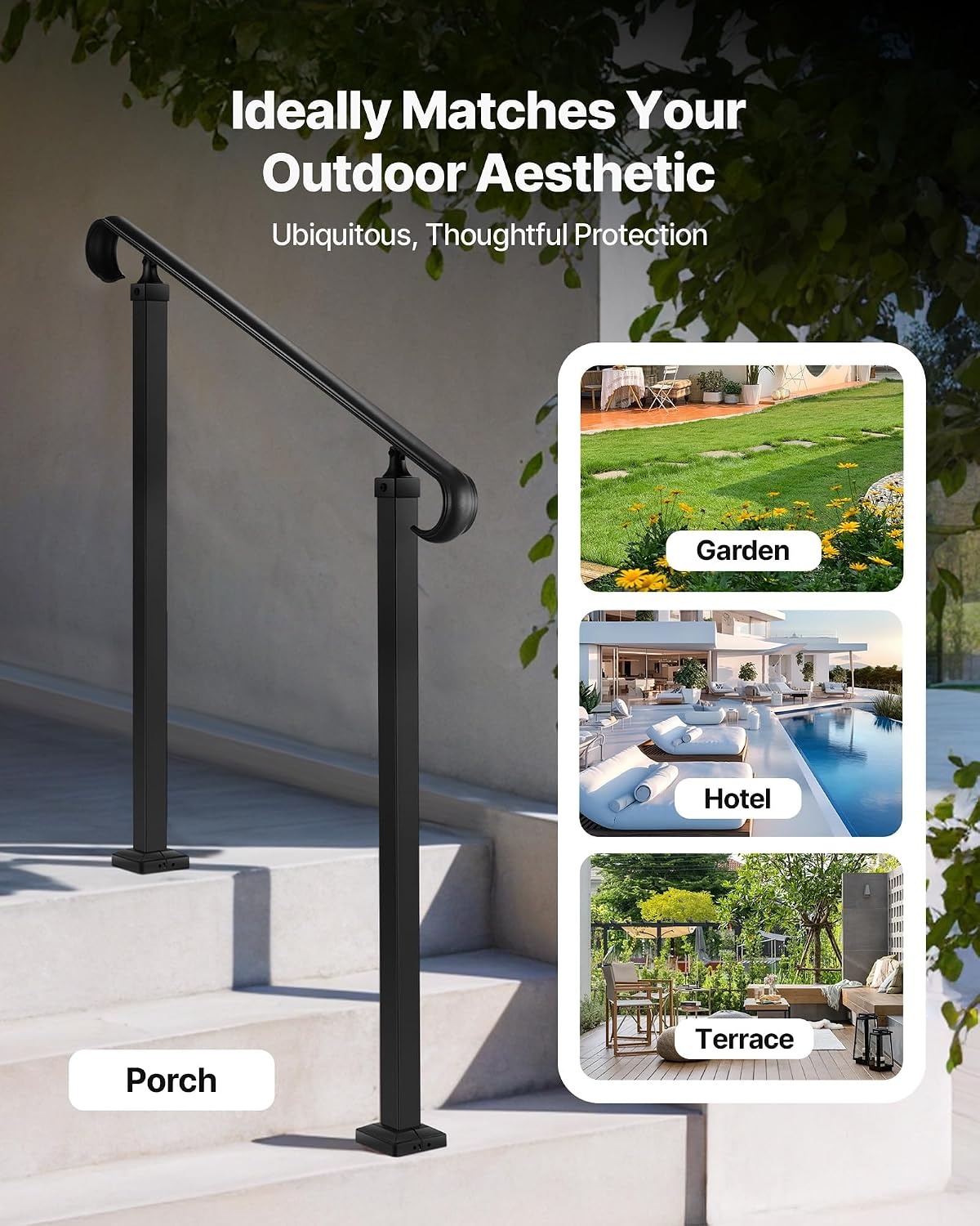 image:imageVEVOR Handrails for Outdoor Steps 1 Step Stair Hand Rail Kit Transitional Carbon Steel Railings with Installation Kit Stair Rails for Seniors Concrete Steps amp Porch amp Deck Black Retro ArchBlackStraight D