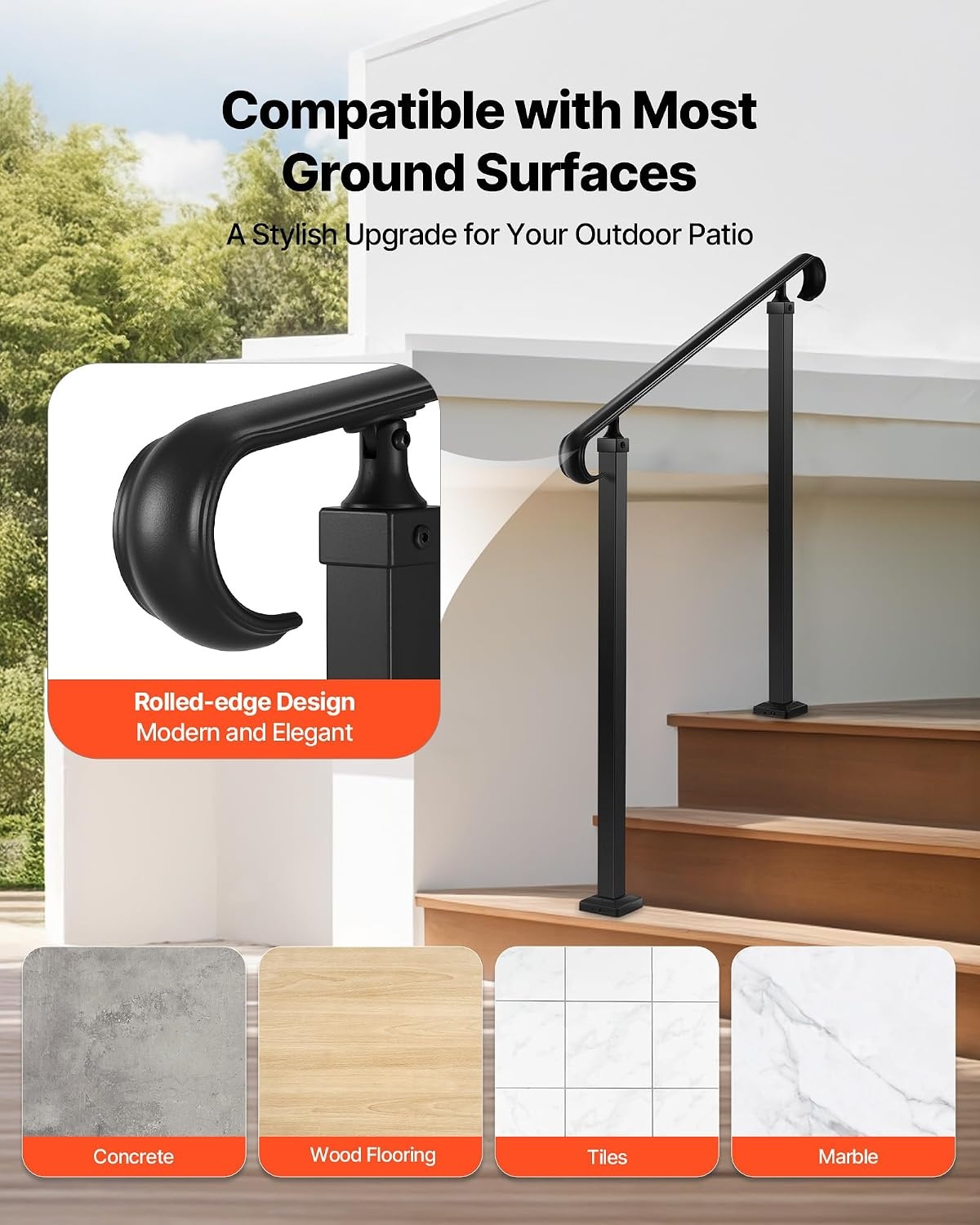 image:imageVEVOR Handrails for Outdoor Steps 1 Step Stair Hand Rail Kit Transitional Carbon Steel Railings with Installation Kit Stair Rails for Seniors Concrete Steps amp Porch amp Deck Black Retro ArchBlackStraight D