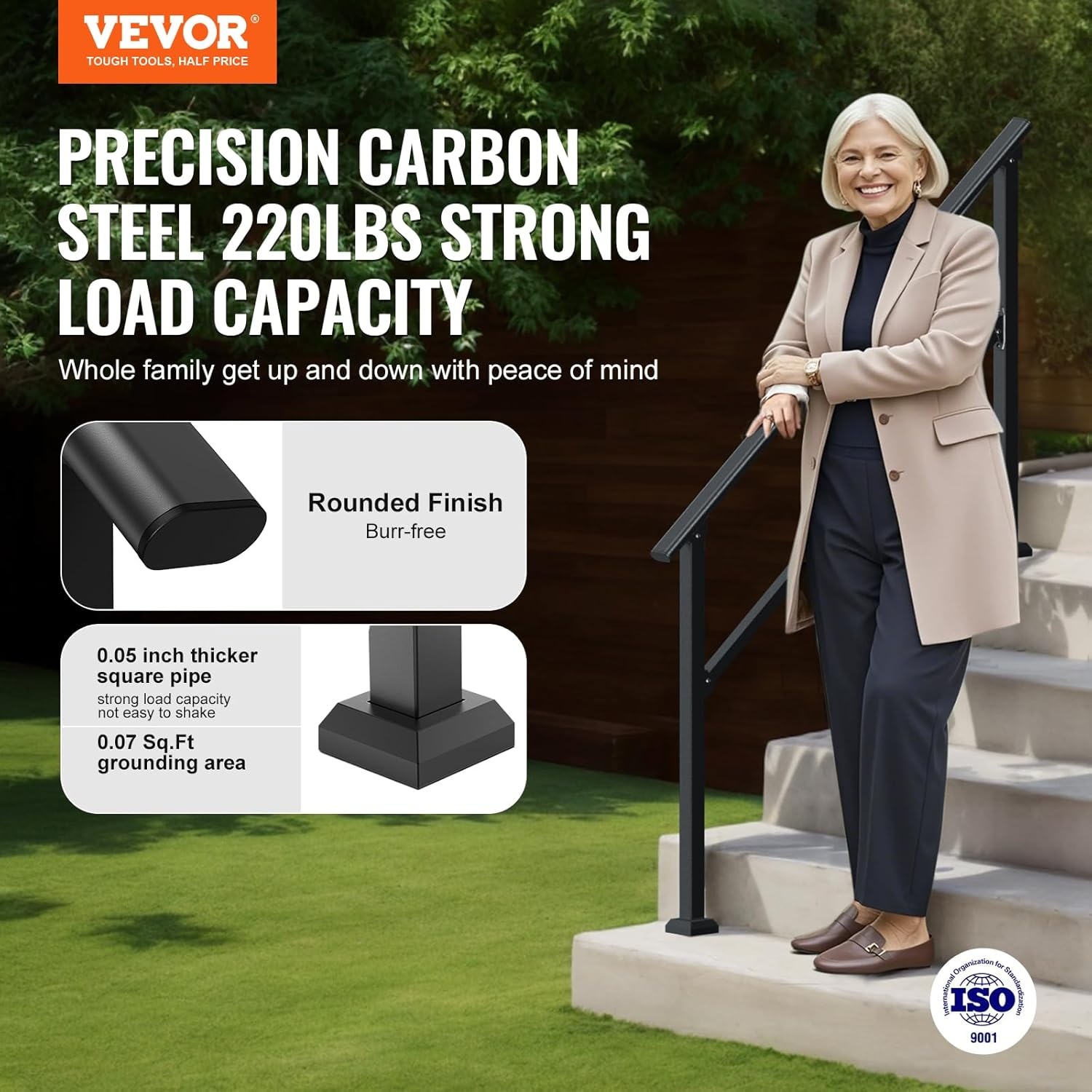 image:imageVEVOR Handrails for Outdoor Steps 1 Step Stair Hand Rail Kit Transitional Carbon Steel Railings with Installation Kit Stair Rails for Seniors Concrete Steps amp Porch amp Deck Black Retro ArchBlackStraight