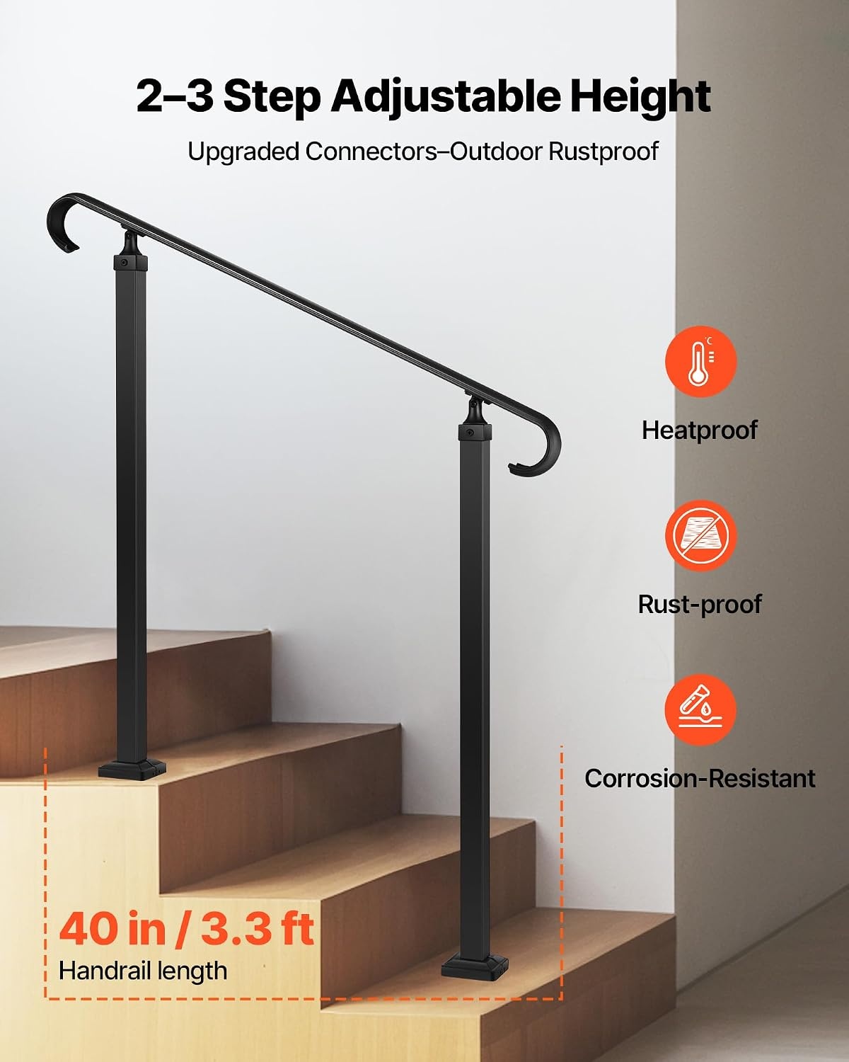 image:imageVEVOR Handrails for Outdoor Steps 1 Step Stair Hand Rail Kit Transitional Carbon Steel Railings with Installation Kit Stair Rails for Seniors Concrete Steps amp Porch amp Deck Black Retro ArchBlackStraight D