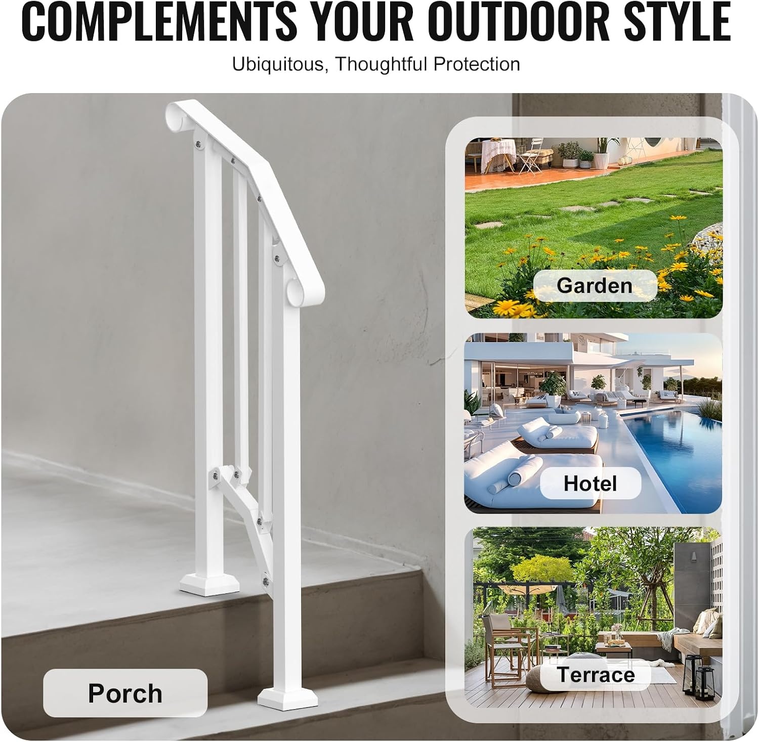 image:imageVEVOR Handrails for Outdoor Steps 1 Step Stair Hand Rail Kit Transitional Carbon Steel Railings with Installation Kit Stair Rails for Seniors Concrete Steps amp Porch amp Deck Black Retro ArchWhiteFence