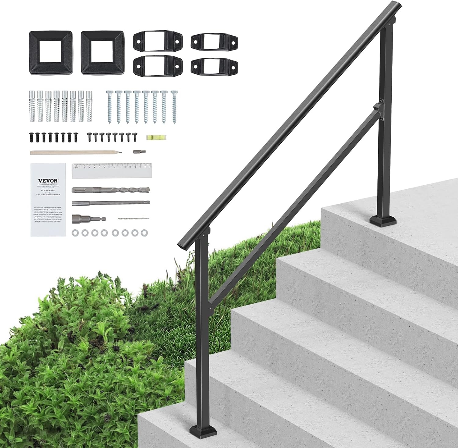 image:imageVEVOR Handrails for Outdoor Steps 1 Step Stair Hand Rail Kit Transitional Carbon Steel Railings with Installation Kit Stair Rails for Seniors Concrete Steps amp Porch amp Deck Black Retro ArchBlackStraight