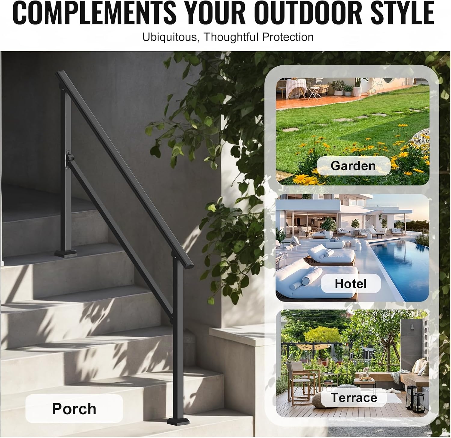 image:imageVEVOR Handrails for Outdoor Steps 1 Step Stair Hand Rail Kit Transitional Carbon Steel Railings with Installation Kit Stair Rails for Seniors Concrete Steps amp Porch amp Deck Black Retro ArchBlackStraight