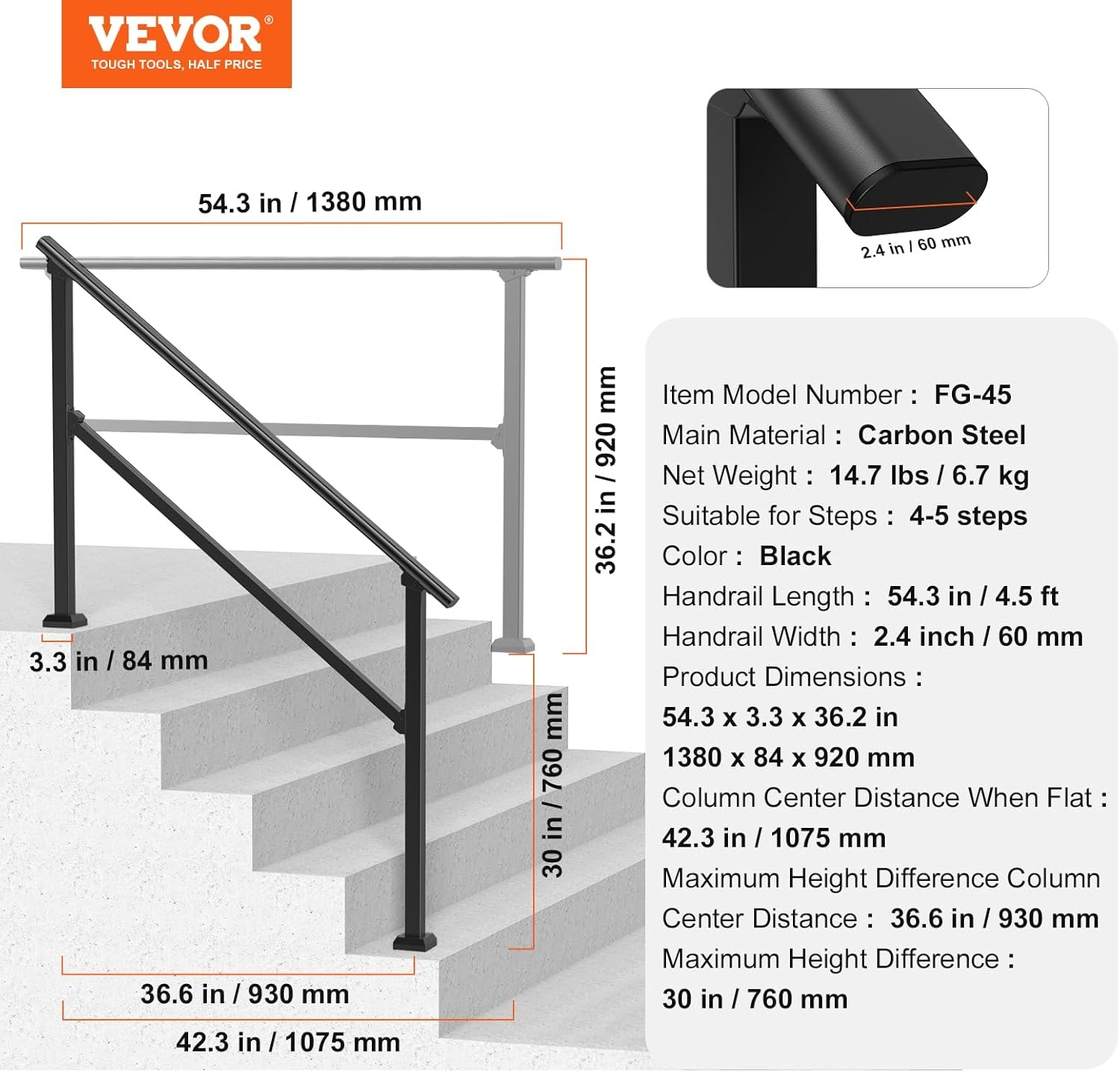 image:imageVEVOR Handrails for Outdoor Steps 1 Step Stair Hand Rail Kit Transitional Carbon Steel Railings with Installation Kit Stair Rails for Seniors Concrete Steps amp Porch amp Deck Black Retro ArchBlackStraight