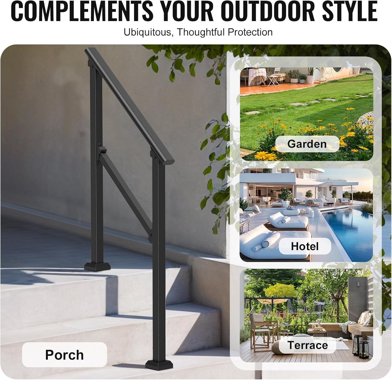 image:imageVEVOR Handrails for Outdoor Steps 1 Step Stair Hand Rail Kit Transitional Carbon Steel Railings with Installation Kit Stair Rails for Seniors Concrete Steps amp Porch amp Deck Black Retro ArchBlackStraight