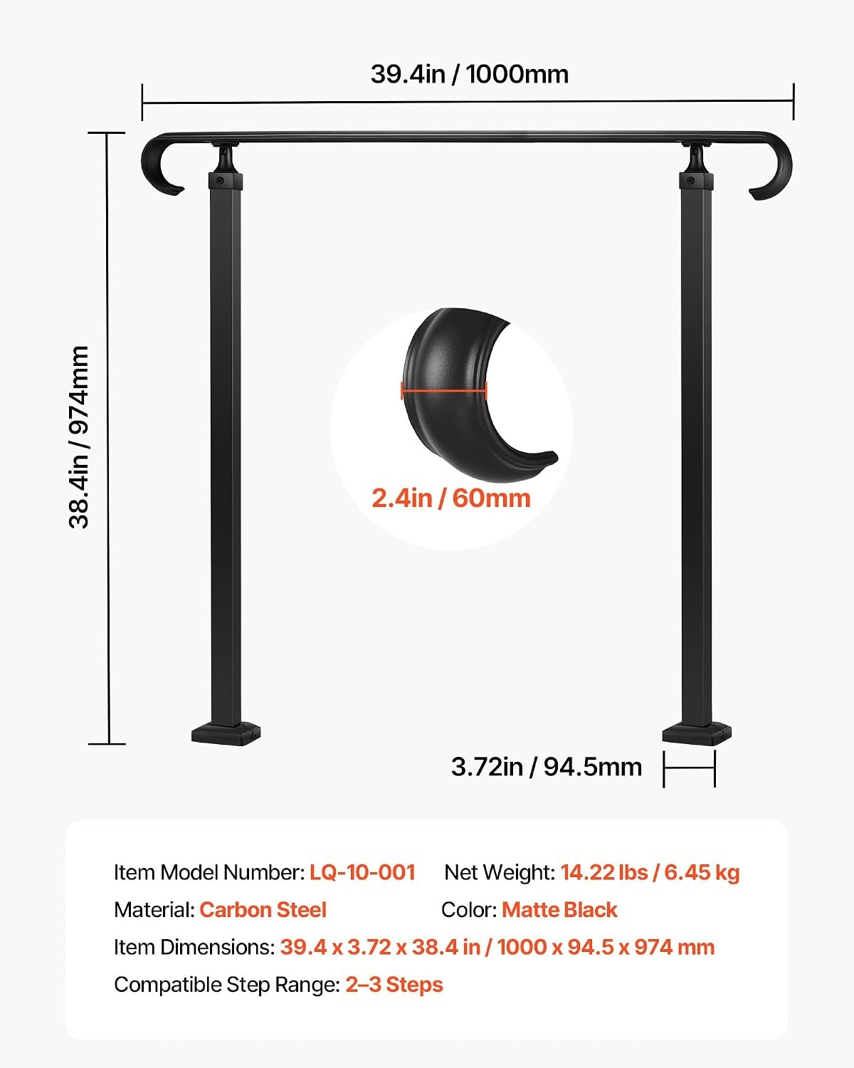 image:imageVEVOR Handrails for Outdoor Steps 1 Step Stair Hand Rail Kit Transitional Carbon Steel Railings with Installation Kit Stair Rails for Seniors Concrete Steps amp Porch amp Deck Black Retro ArchBlackStraight D