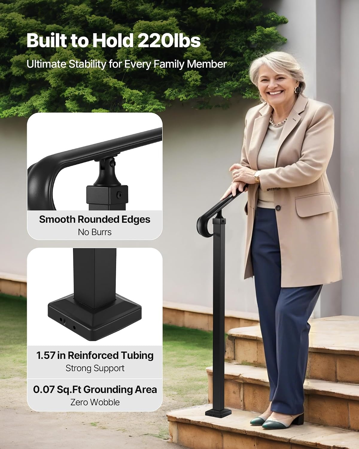 image:imageVEVOR Handrails for Outdoor Steps 1 Step Stair Hand Rail Kit Transitional Carbon Steel Railings with Installation Kit Stair Rails for Seniors Concrete Steps amp Porch amp Deck Black Retro ArchBlackStraight D