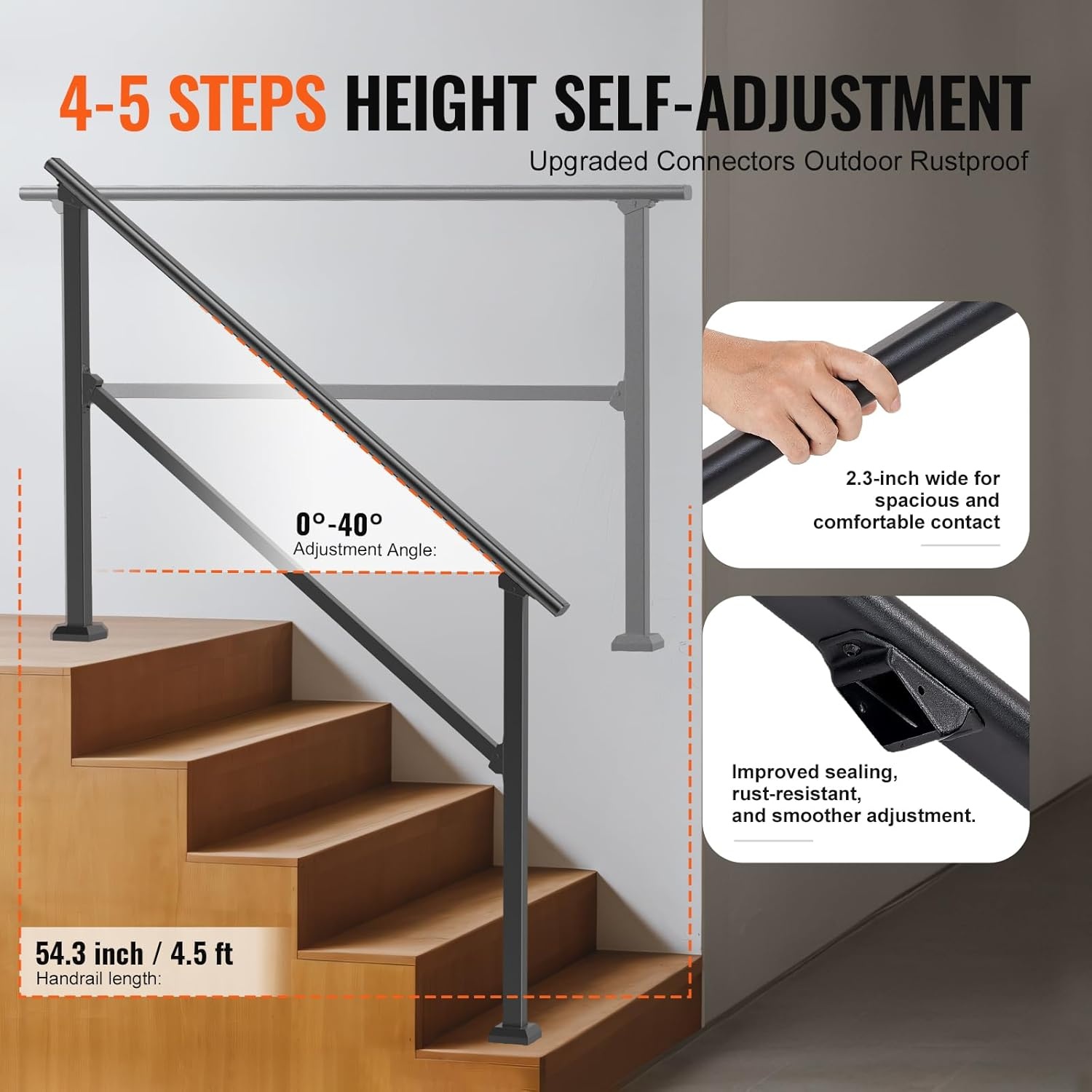 image:imageVEVOR Handrails for Outdoor Steps 1 Step Stair Hand Rail Kit Transitional Carbon Steel Railings with Installation Kit Stair Rails for Seniors Concrete Steps amp Porch amp Deck Black Retro ArchBlackStraight