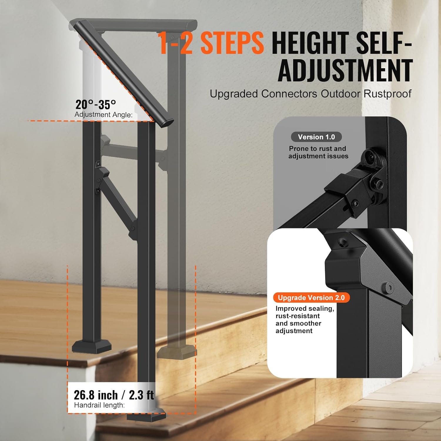 image:imageVEVOR Handrails for Outdoor Steps 1 Step Stair Hand Rail Kit Transitional Carbon Steel Railings with Installation Kit Stair Rails for Seniors Concrete Steps amp Porch amp Deck Black Retro ArchBlackStraight