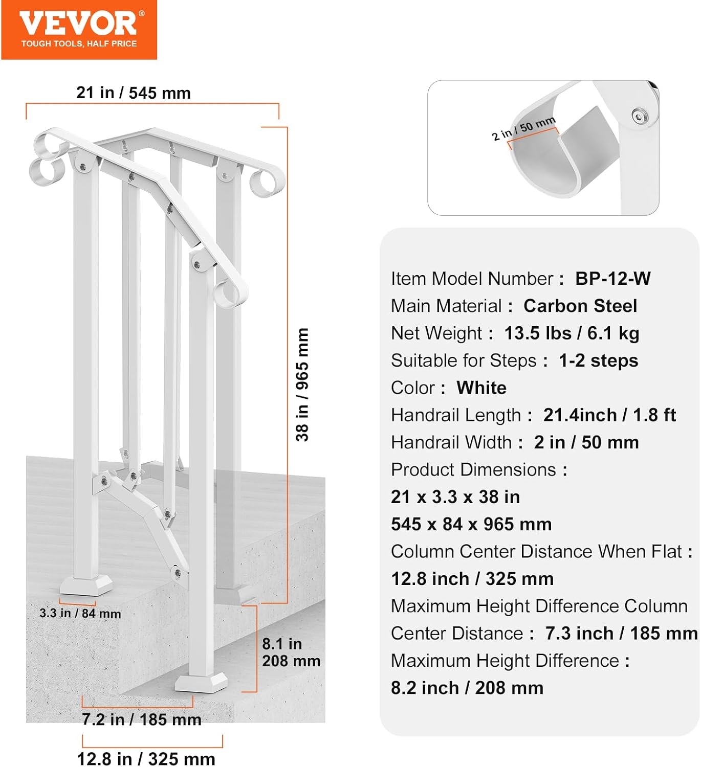 image:imageVEVOR Handrails for Outdoor Steps 1 Step Stair Hand Rail Kit Transitional Carbon Steel Railings with Installation Kit Stair Rails for Seniors Concrete Steps amp Porch amp Deck Black Retro ArchWhiteFence