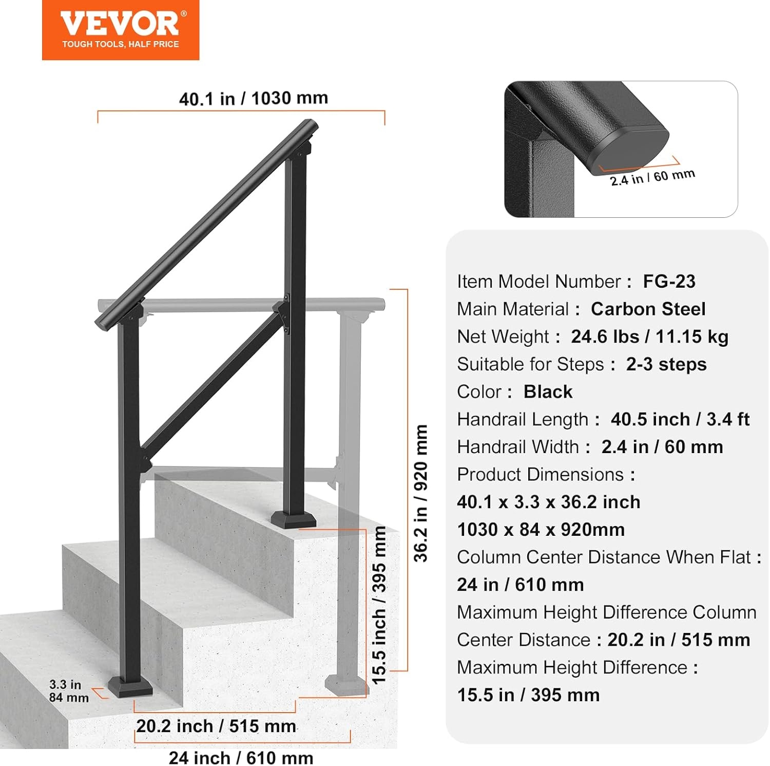 image:imageVEVOR Handrails for Outdoor Steps 1 Step Stair Hand Rail Kit Transitional Carbon Steel Railings with Installation Kit Stair Rails for Seniors Concrete Steps amp Porch amp Deck Black Retro ArchBlackStraight