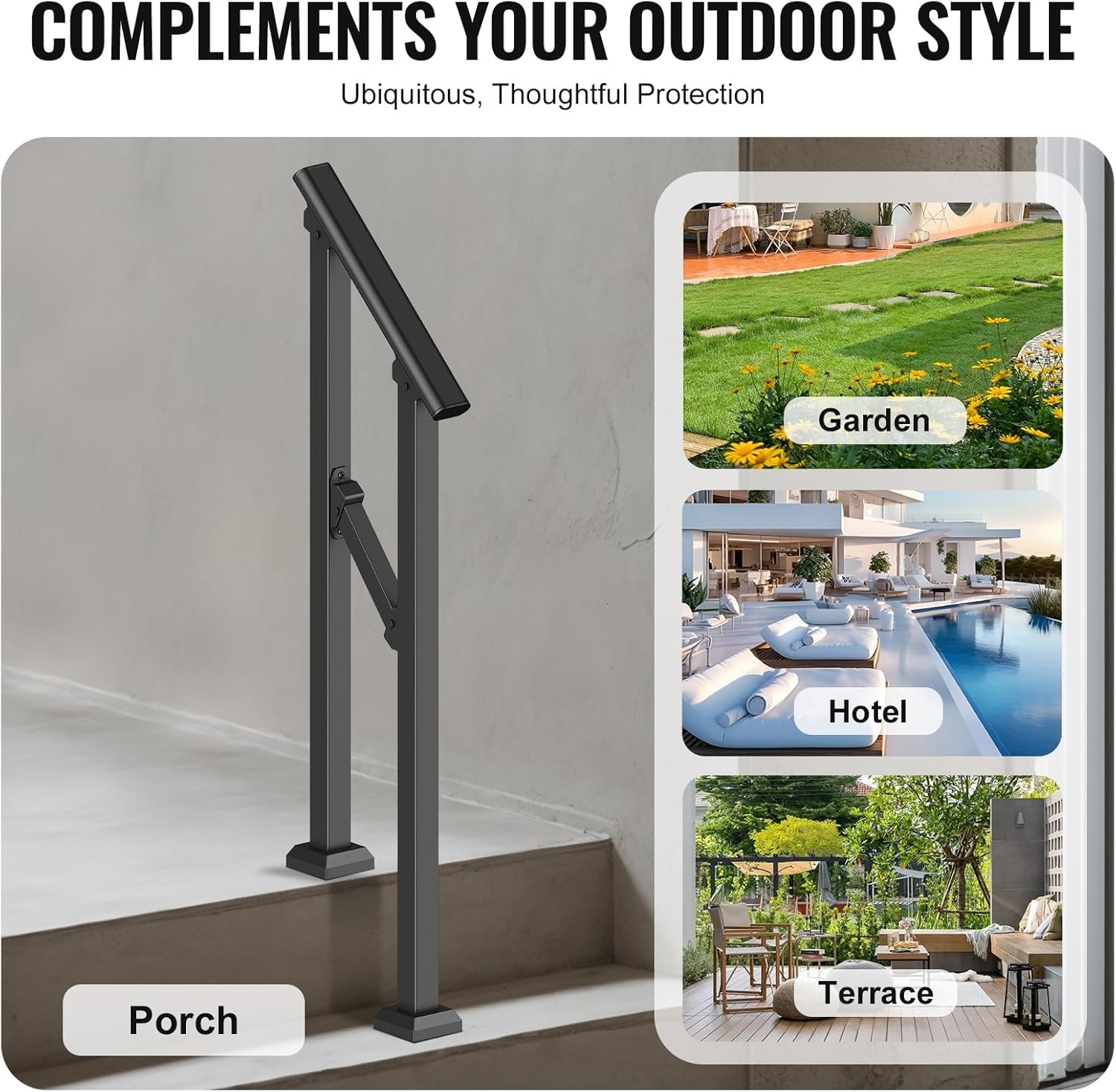 image:imageVEVOR Handrails for Outdoor Steps 1 Step Stair Hand Rail Kit Transitional Carbon Steel Railings with Installation Kit Stair Rails for Seniors Concrete Steps amp Porch amp Deck Black Retro ArchBlackStraight