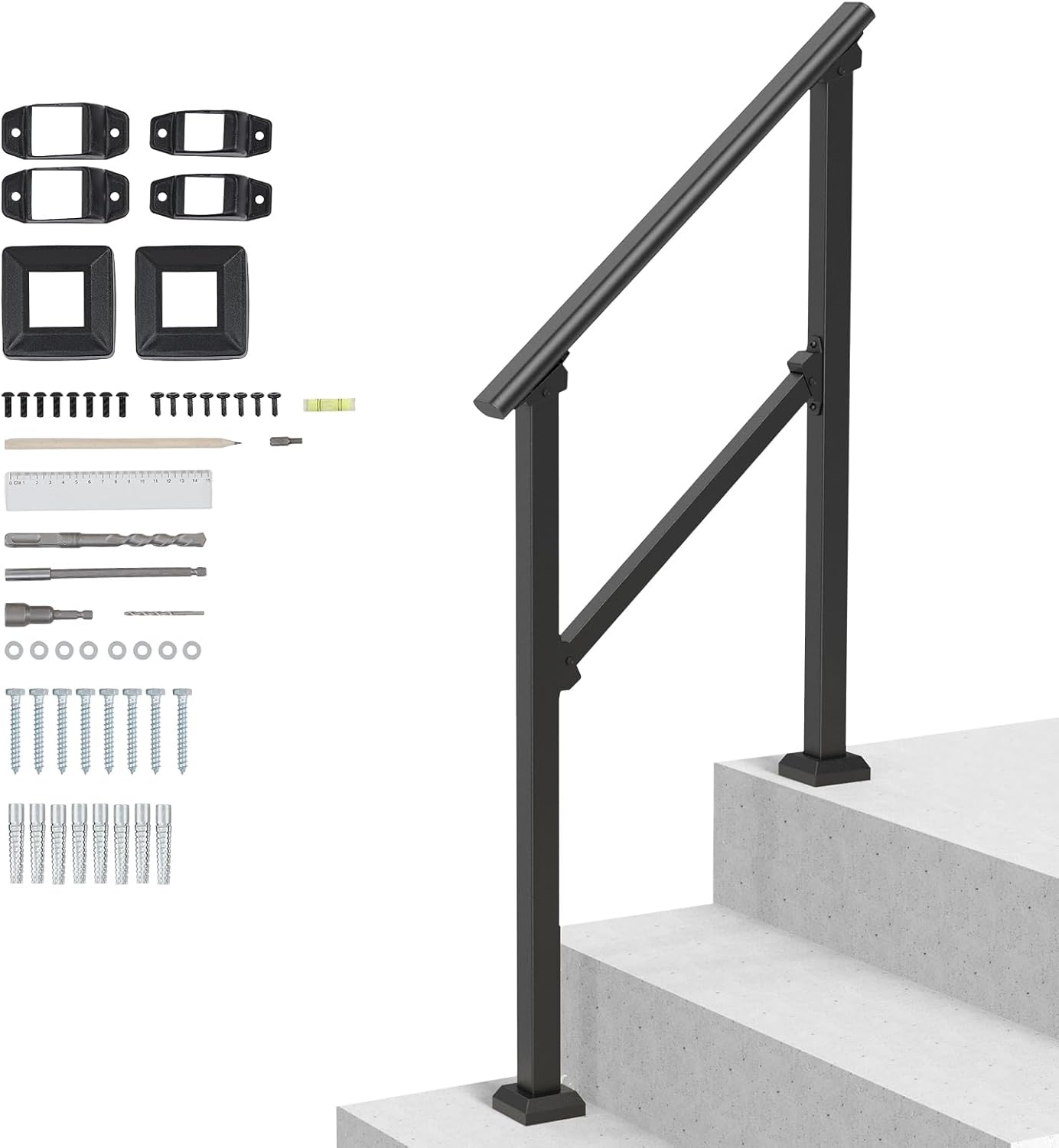 image:imageVEVOR Handrails for Outdoor Steps 1 Step Stair Hand Rail Kit Transitional Carbon Steel Railings with Installation Kit Stair Rails for Seniors Concrete Steps amp Porch amp Deck Black Retro ArchBlackStraight