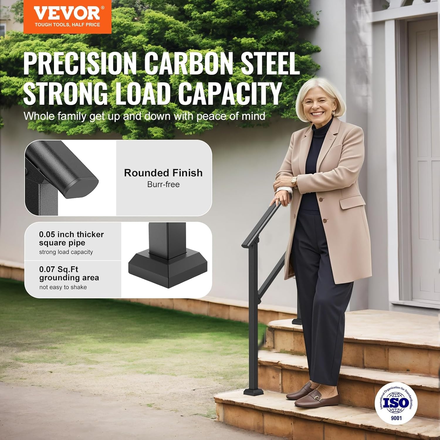 image:imageVEVOR Handrails for Outdoor Steps 1 Step Stair Hand Rail Kit Transitional Carbon Steel Railings with Installation Kit Stair Rails for Seniors Concrete Steps amp Porch amp Deck Black Retro ArchBlackStraight