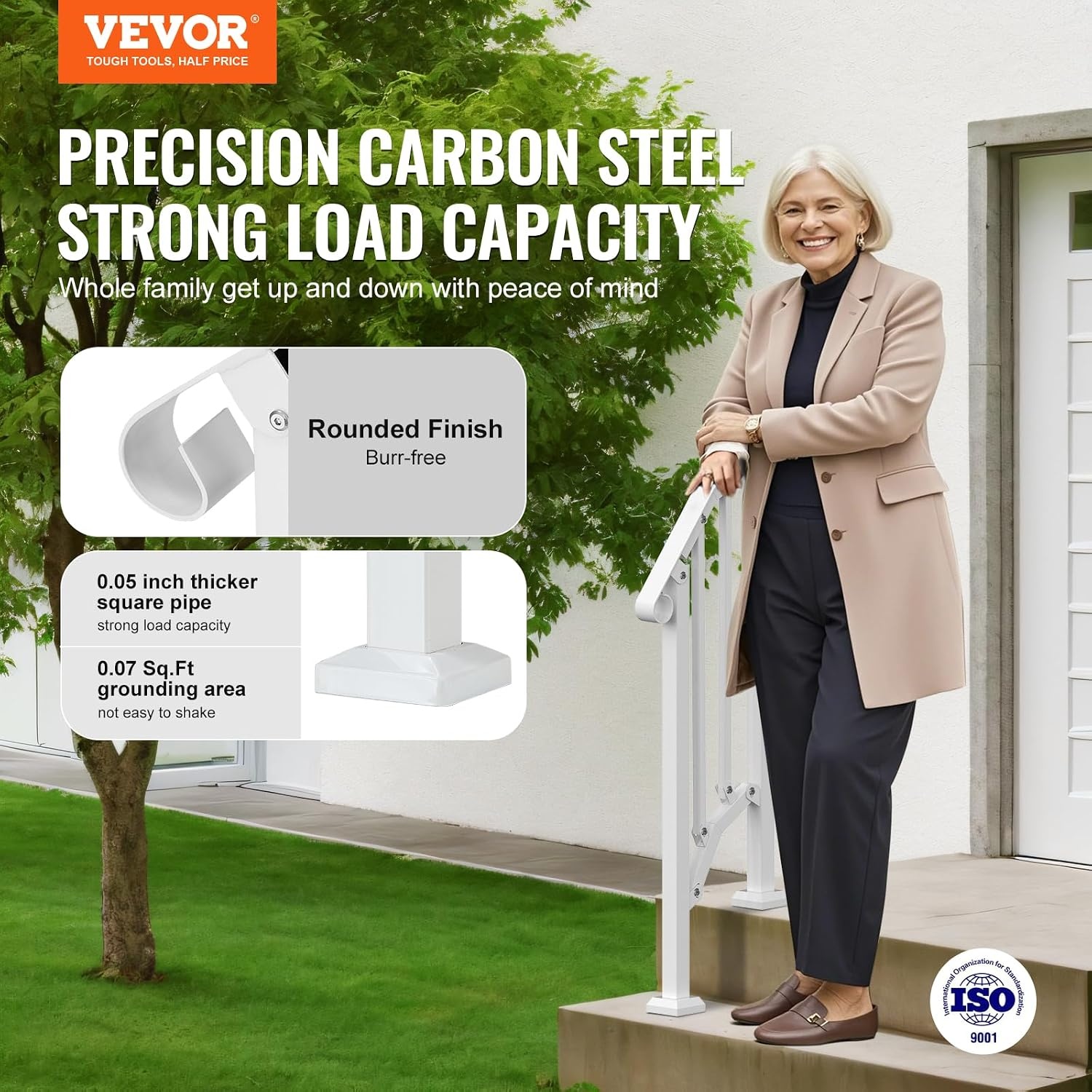 image:imageVEVOR Handrails for Outdoor Steps 1 Step Stair Hand Rail Kit Transitional Carbon Steel Railings with Installation Kit Stair Rails for Seniors Concrete Steps amp Porch amp Deck Black Retro ArchWhiteFence