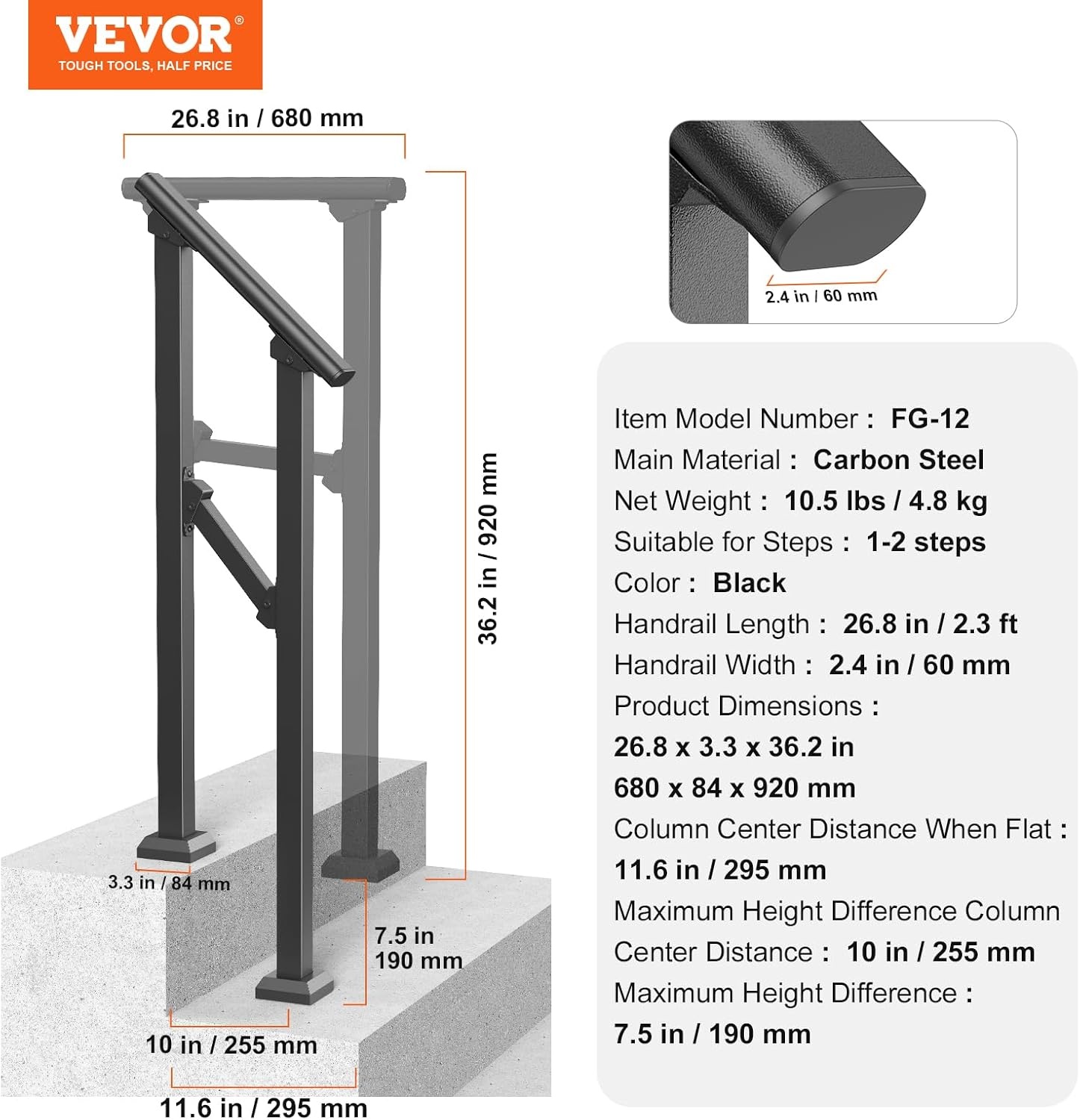 image:imageVEVOR Handrails for Outdoor Steps 1 Step Stair Hand Rail Kit Transitional Carbon Steel Railings with Installation Kit Stair Rails for Seniors Concrete Steps amp Porch amp Deck Black Retro ArchBlackStraight