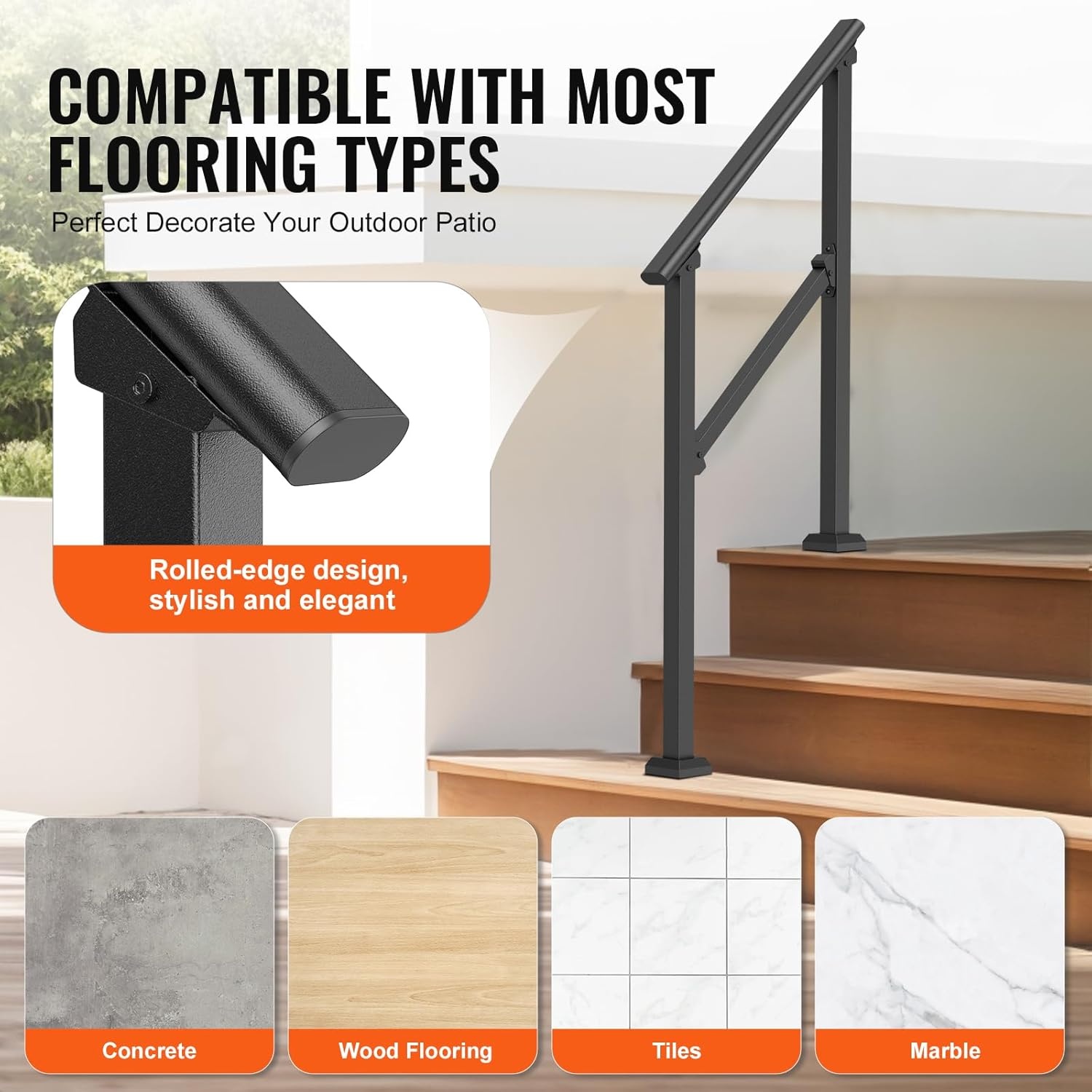 image:imageVEVOR Handrails for Outdoor Steps 1 Step Stair Hand Rail Kit Transitional Carbon Steel Railings with Installation Kit Stair Rails for Seniors Concrete Steps amp Porch amp Deck Black Retro ArchBlackStraight