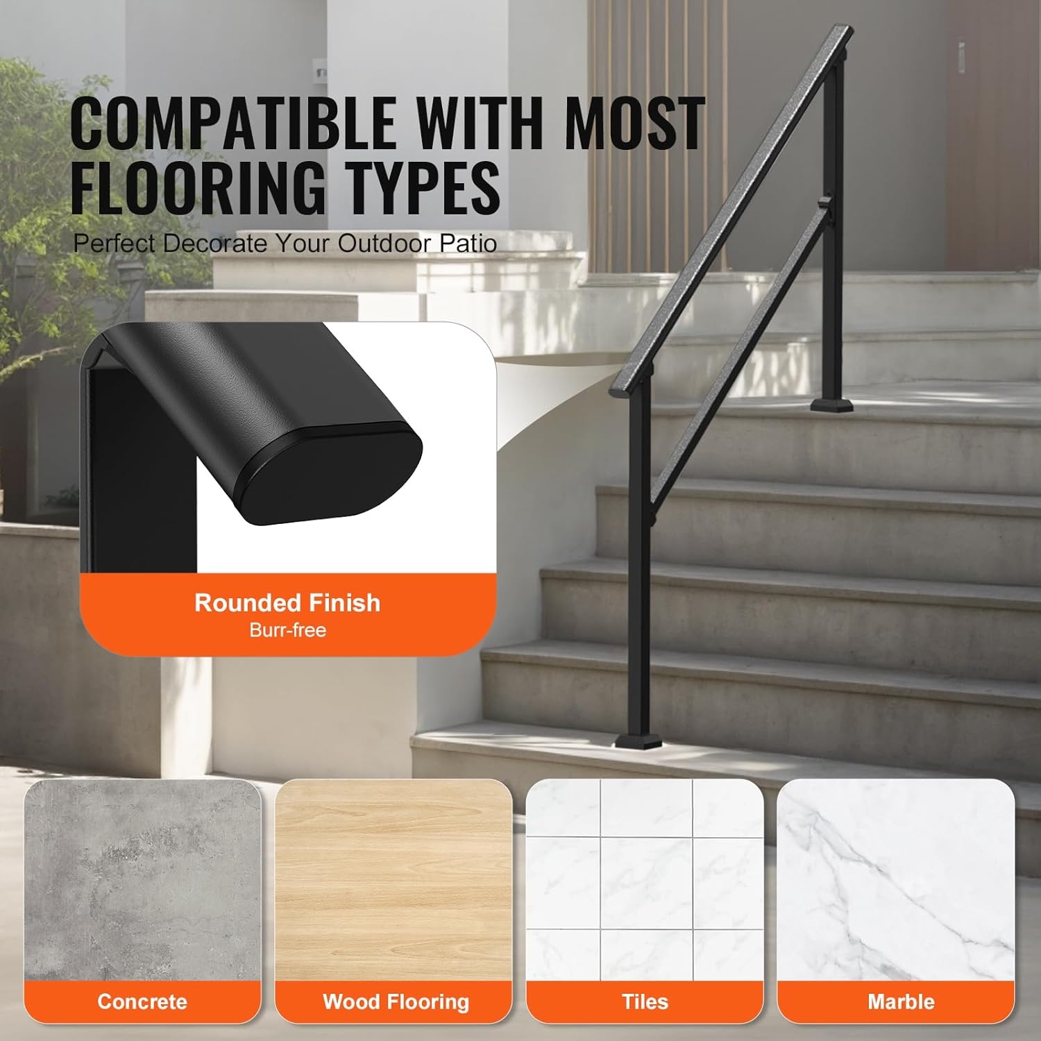 image:imageVEVOR Handrails for Outdoor Steps 1 Step Stair Hand Rail Kit Transitional Carbon Steel Railings with Installation Kit Stair Rails for Seniors Concrete Steps amp Porch amp Deck Black Retro ArchBlackStraight