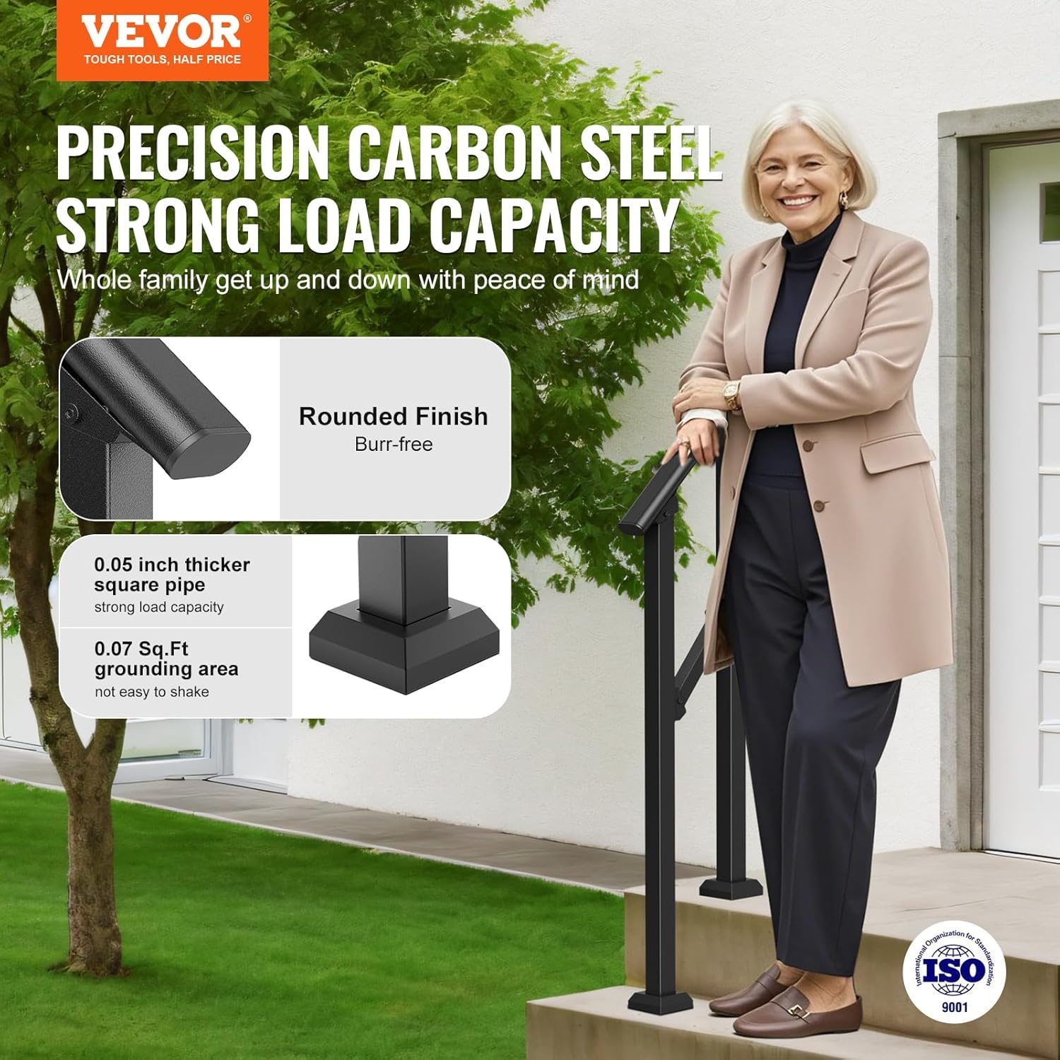 image:imageVEVOR Handrails for Outdoor Steps 1 Step Stair Hand Rail Kit Transitional Carbon Steel Railings with Installation Kit Stair Rails for Seniors Concrete Steps amp Porch amp Deck Black Retro ArchBlackStraight