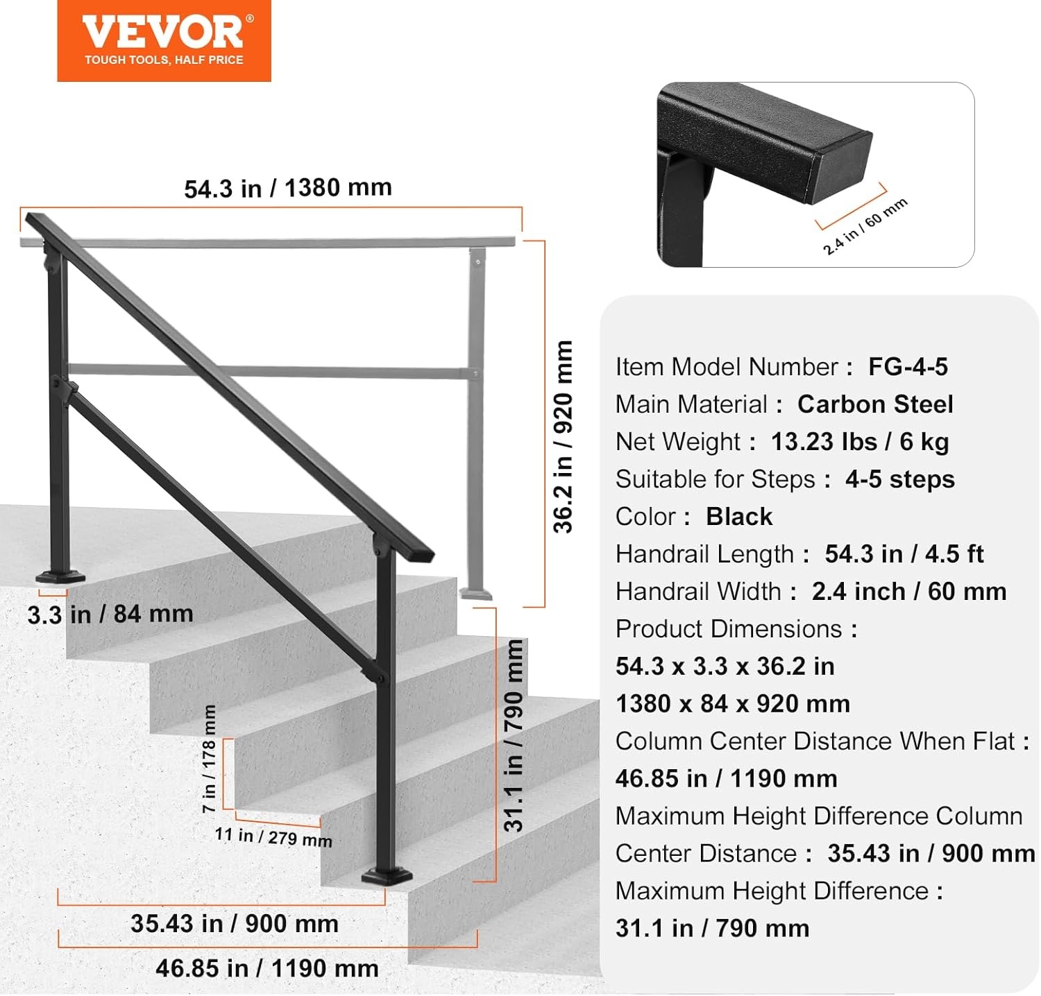 image:imageVEVOR Handrails for Outdoor Steps 1 Step Stair Hand Rail Kit Transitional Carbon Steel Railings with Installation Kit Stair Rails for Seniors Concrete Steps amp Porch amp Deck Black Retro ArchBlackStraight NM