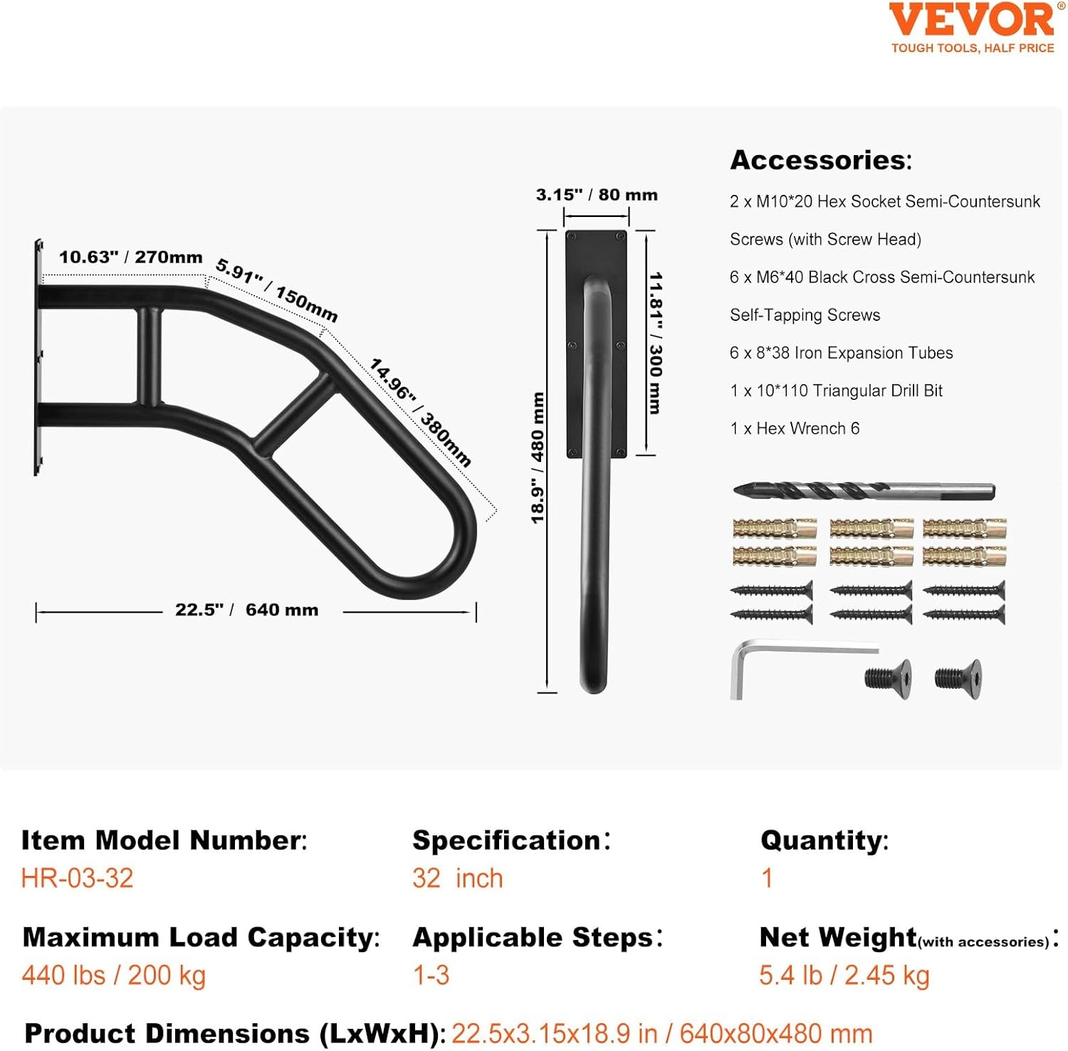 image:imageVEVOR Handrails for Outdoor Steps 29 Length Wall Mount Safety Railings for 13 Steps UShaped Handrail with Matte Black Finished Stair Handrails for Kids Elderly Pregnant Women Disabled 2 PCSBlack