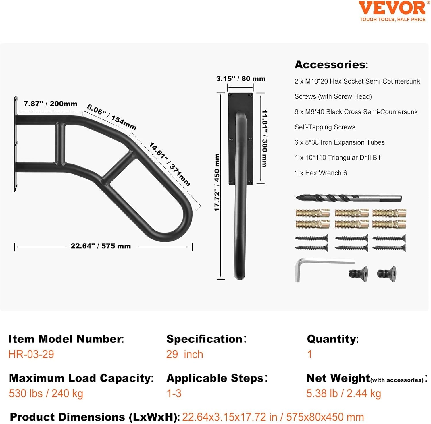 image:imageVEVOR Handrails for Outdoor Steps 29 Length Wall Mount Safety Railings for 13 Steps UShaped Handrail with Matte Black Finished Stair Handrails for Kids Elderly Pregnant Women Disabled 2 PCSBlack