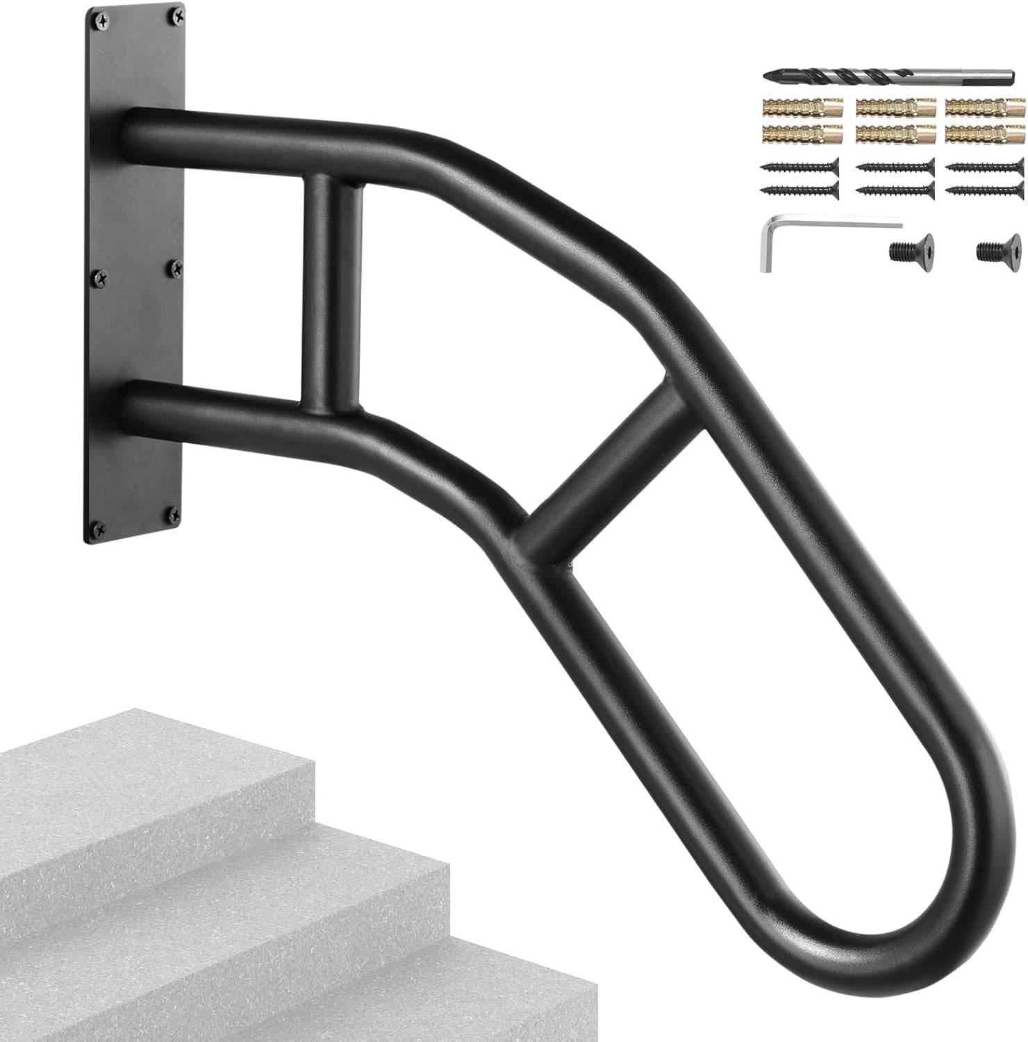 image:imageVEVOR Handrails for Outdoor Steps 29 Length Wall Mount Safety Railings for 13 Steps UShaped Handrail with Matte Black Finished Stair Handrails for Kids Elderly Pregnant Women Disabled 2 PCSBlack