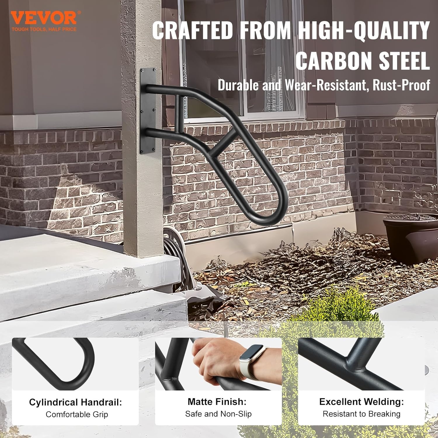 image:imageVEVOR Handrails for Outdoor Steps 29 Length Wall Mount Safety Railings for 13 Steps UShaped Handrail with Matte Black Finished Stair Handrails for Kids Elderly Pregnant Women Disabled 2 PCSBlack