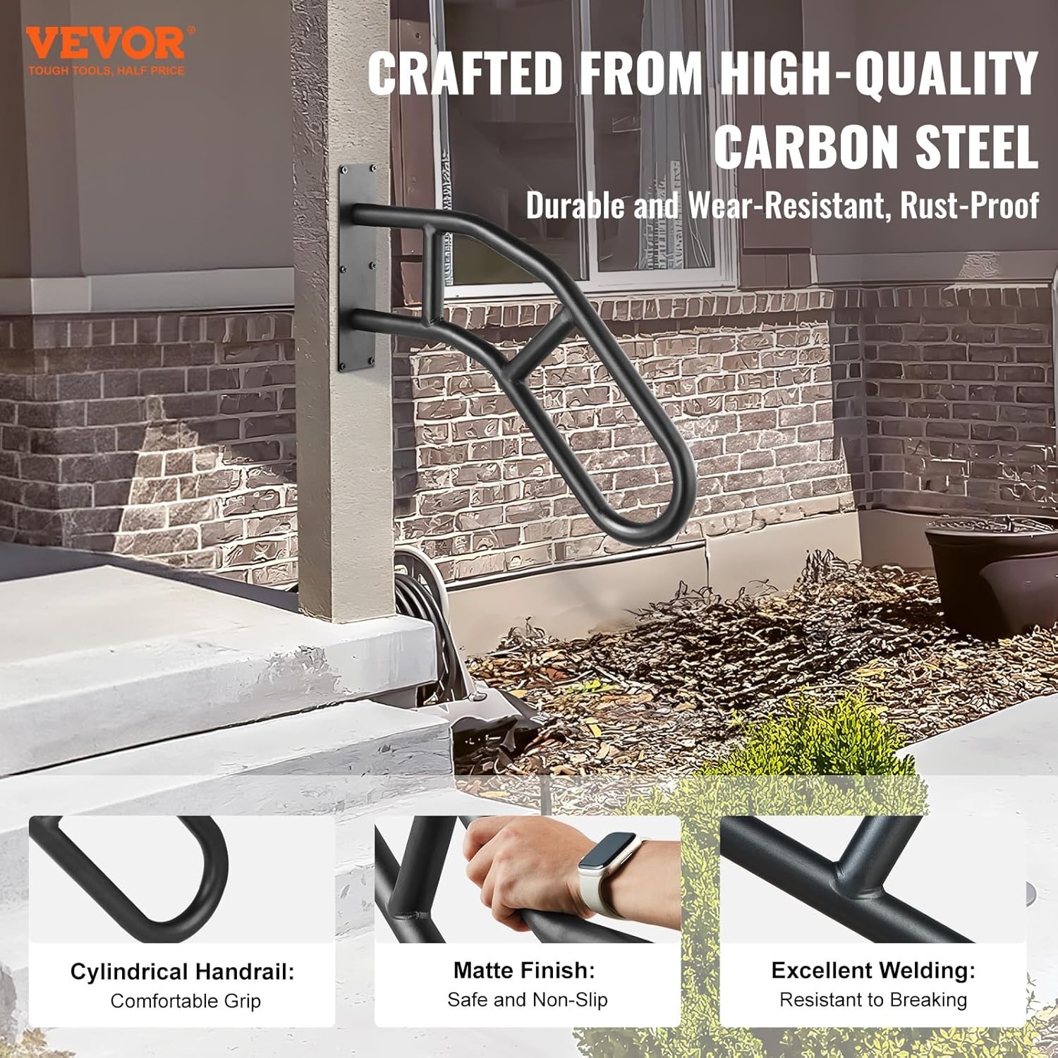 image:imageVEVOR Handrails for Outdoor Steps 29 Length Wall Mount Safety Railings for 13 Steps UShaped Handrail with Matte Black Finished Stair Handrails for Kids Elderly Pregnant Women Disabled 2 PCSBlack