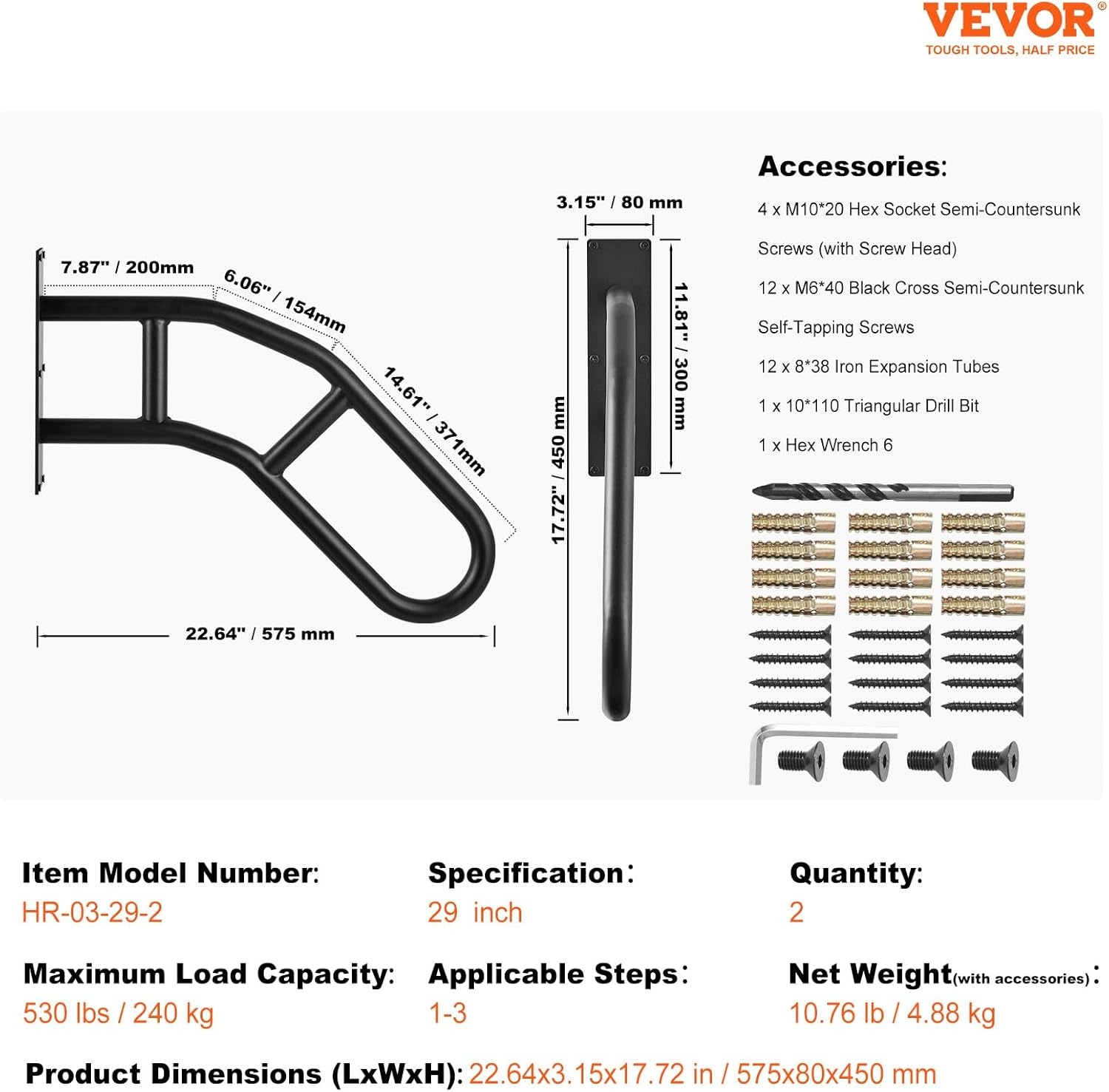 image:imageVEVOR Handrails for Outdoor Steps 29 Length Wall Mount Safety Railings for 13 Steps UShaped Handrail with Matte Black Finished Stair Handrails for Kids Elderly Pregnant Women Disabled 2 PCSBlack